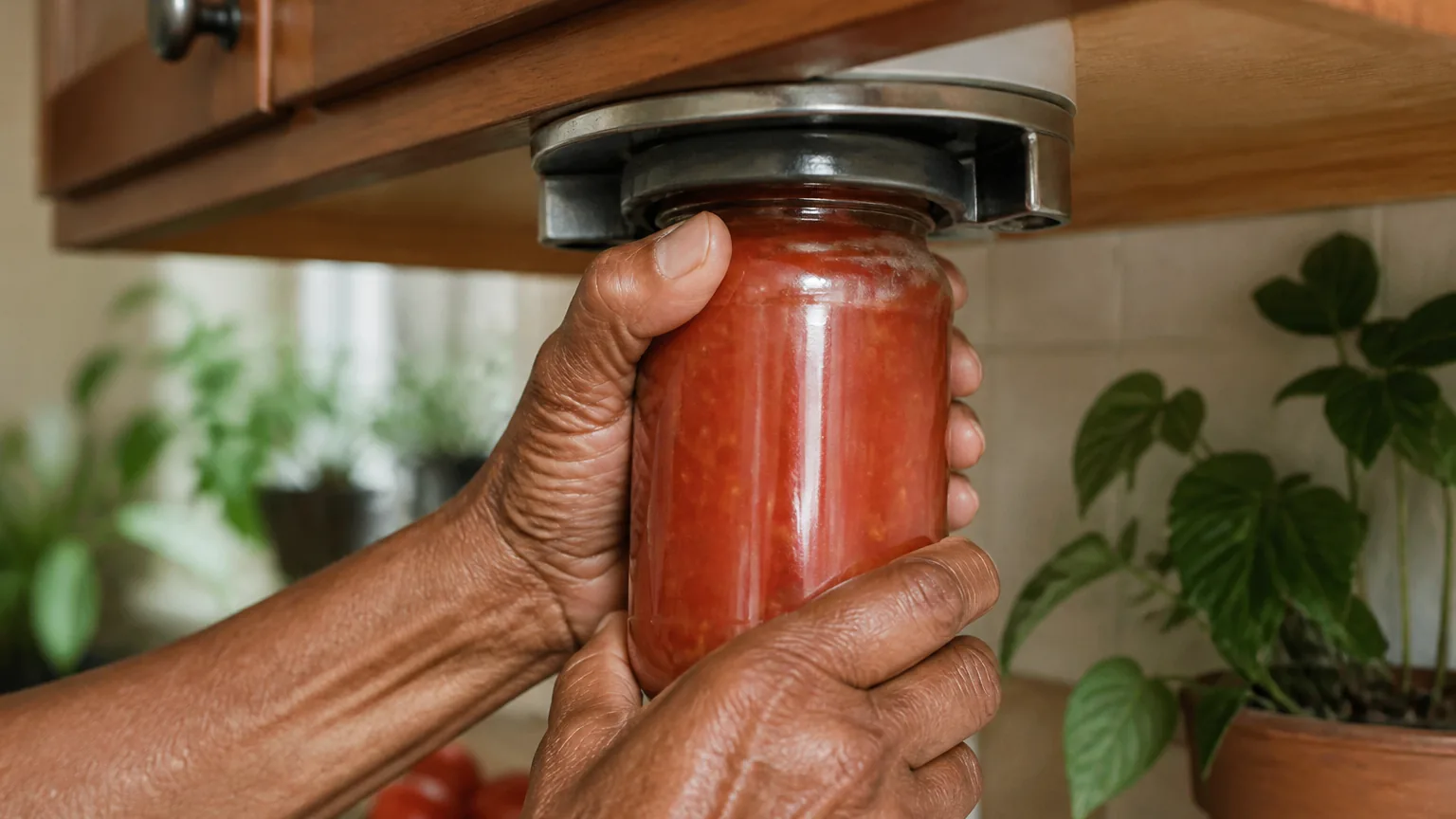 Older hands turning a jar into an under-cabinet opener that grips the lid, so the wrist does little of the work.