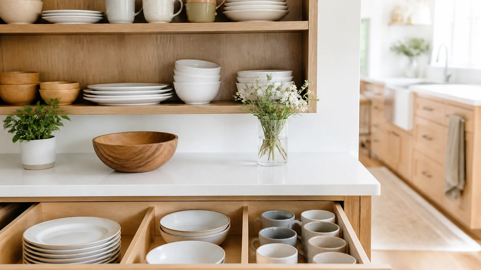 Everyday plates, bowls, and mugs stored within easy reach on an open shelf and in a counter-height drawer, nothing high or low.