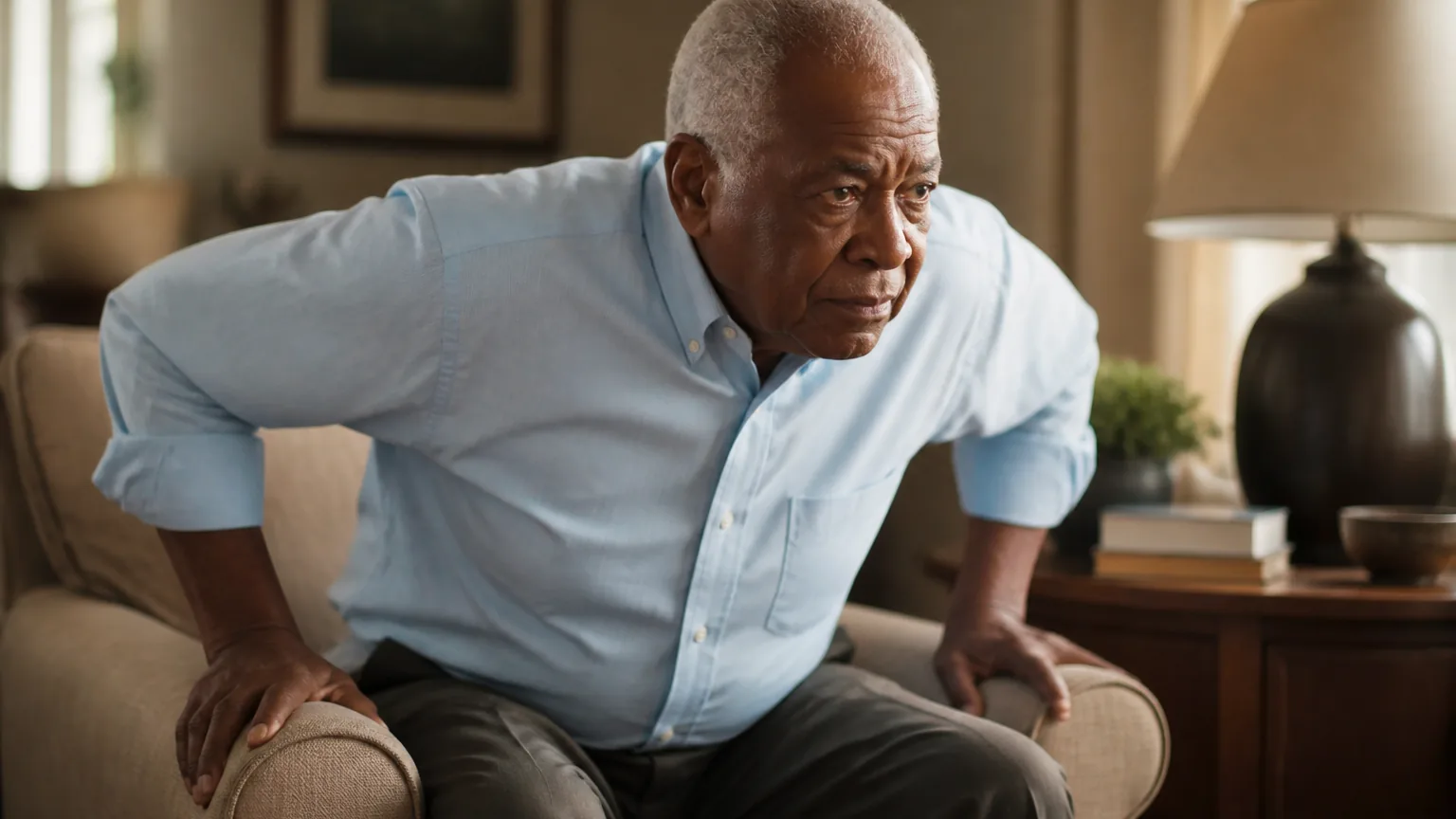 An older man pushing himself up from an armchair using both armrests, in a bright living room.