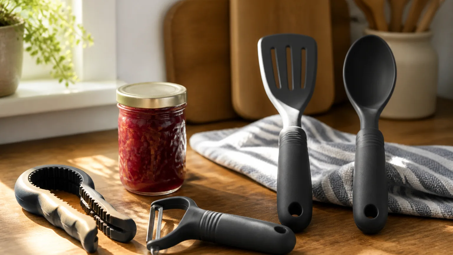 Wide-grip kitchen tools on a wood counter: a jar opener, a peeler, a spatula, and a spoon, all with easy-to-hold handles.