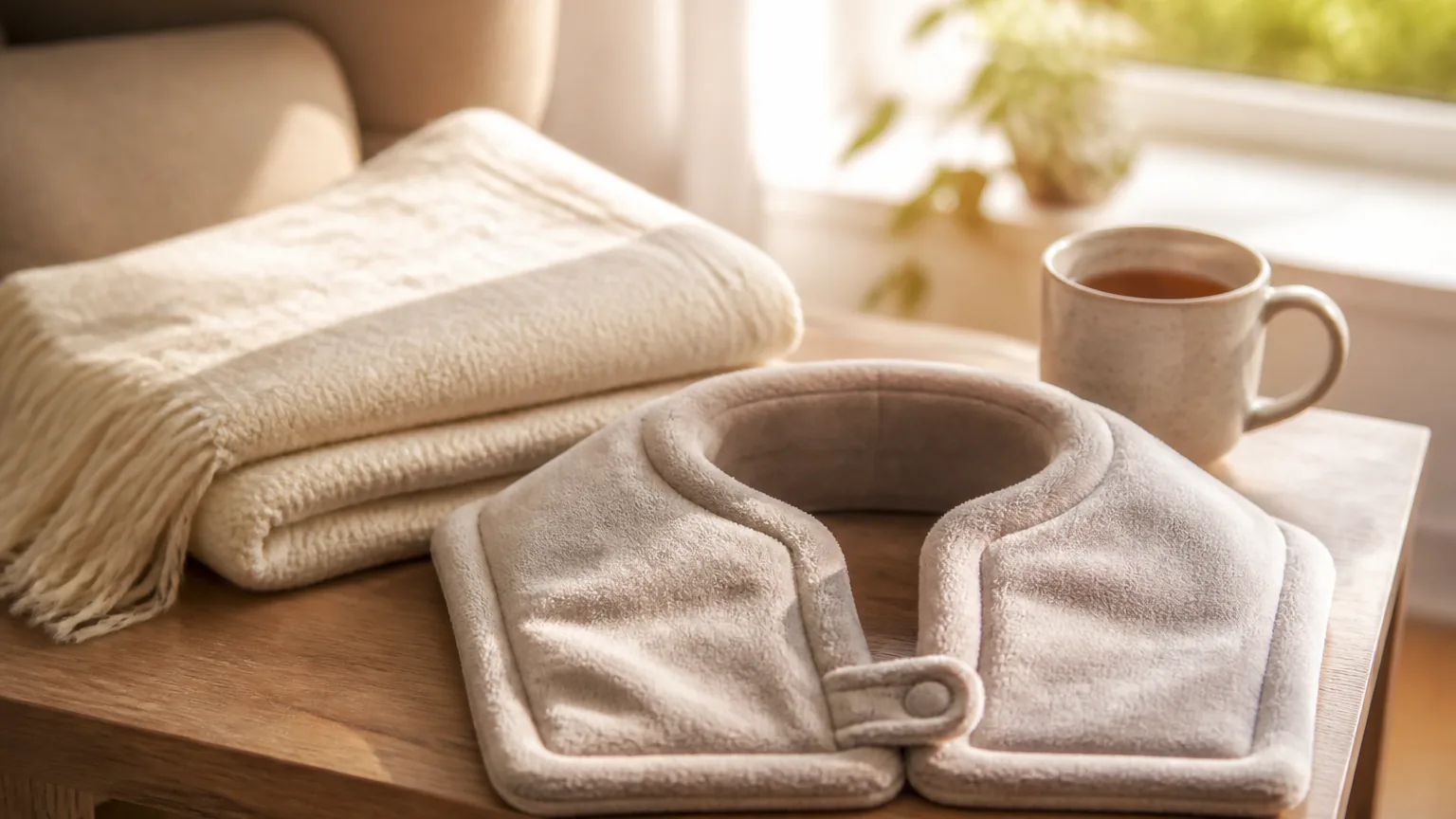 A heated neck and shoulder wrap resting beside a folded cream throw blanket and a mug of tea on a wood side table.