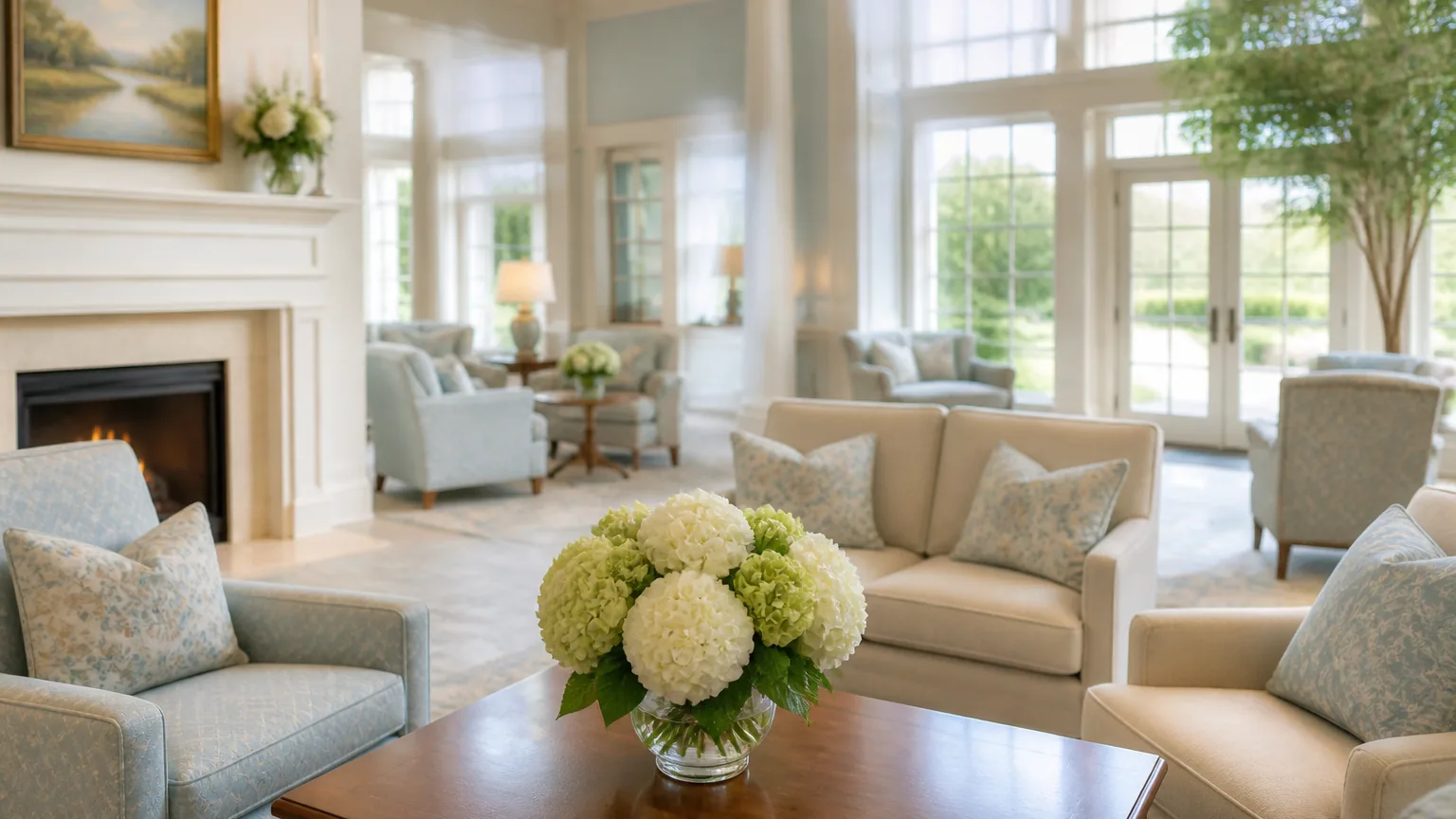 The bright, elegant lounge interior of an upscale senior-living community, with armchairs, a fireplace, and garden windows.
