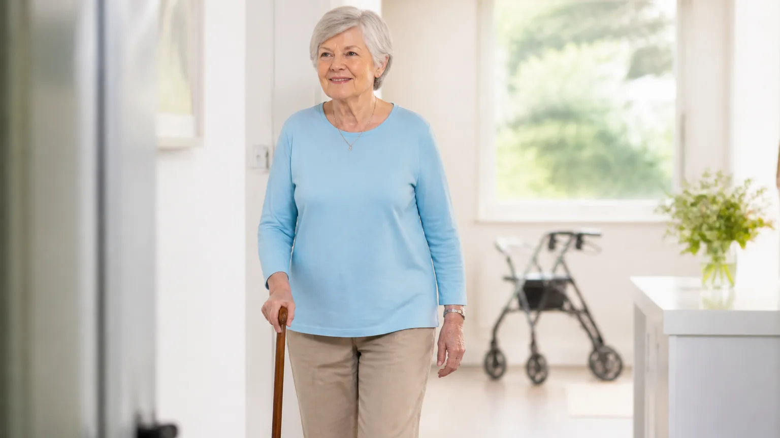 An older person walking with a supportive cane in a bright, tidy home, a rollator behind.