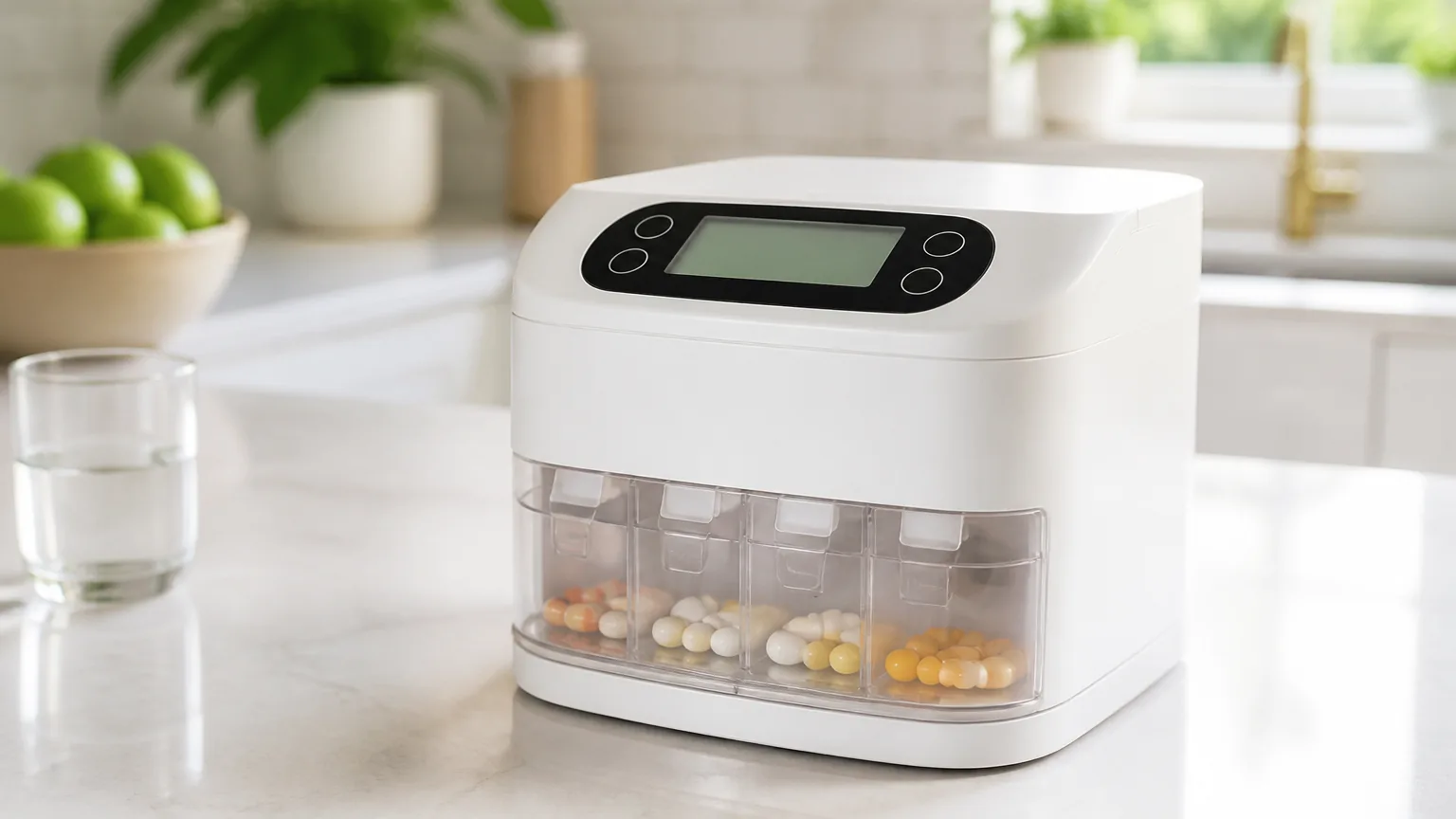 An automatic countertop pill dispenser with a digital display on a bright kitchen counter.