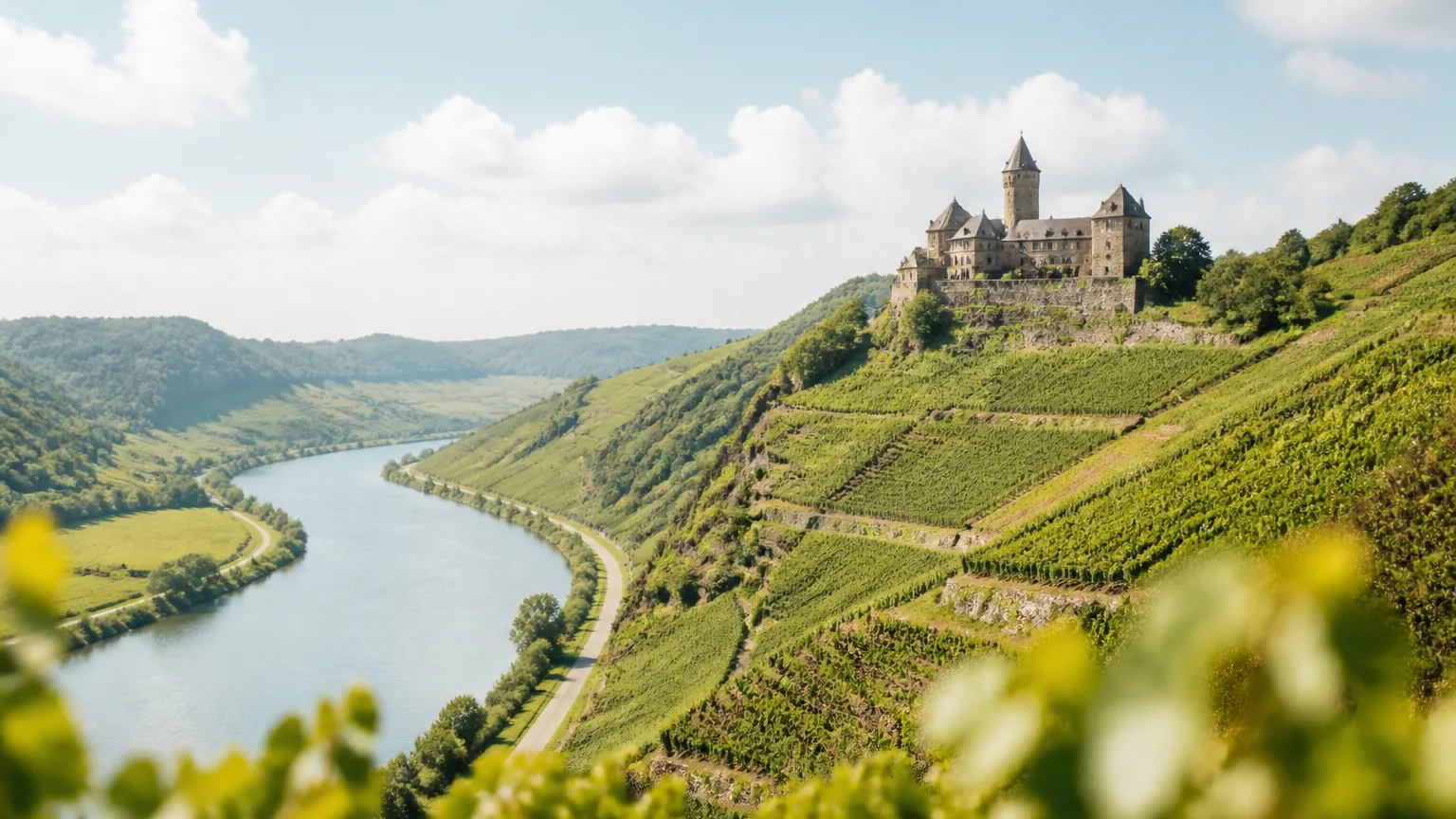 A scenic European river valley with terraced vineyards and a hilltop castle under a bright sky.