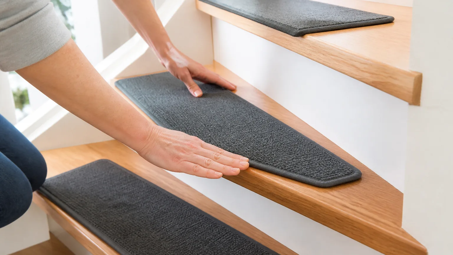 Hands fitting a grippy non-slip tread onto a bare wooden staircase step, one of a row of stair treads.