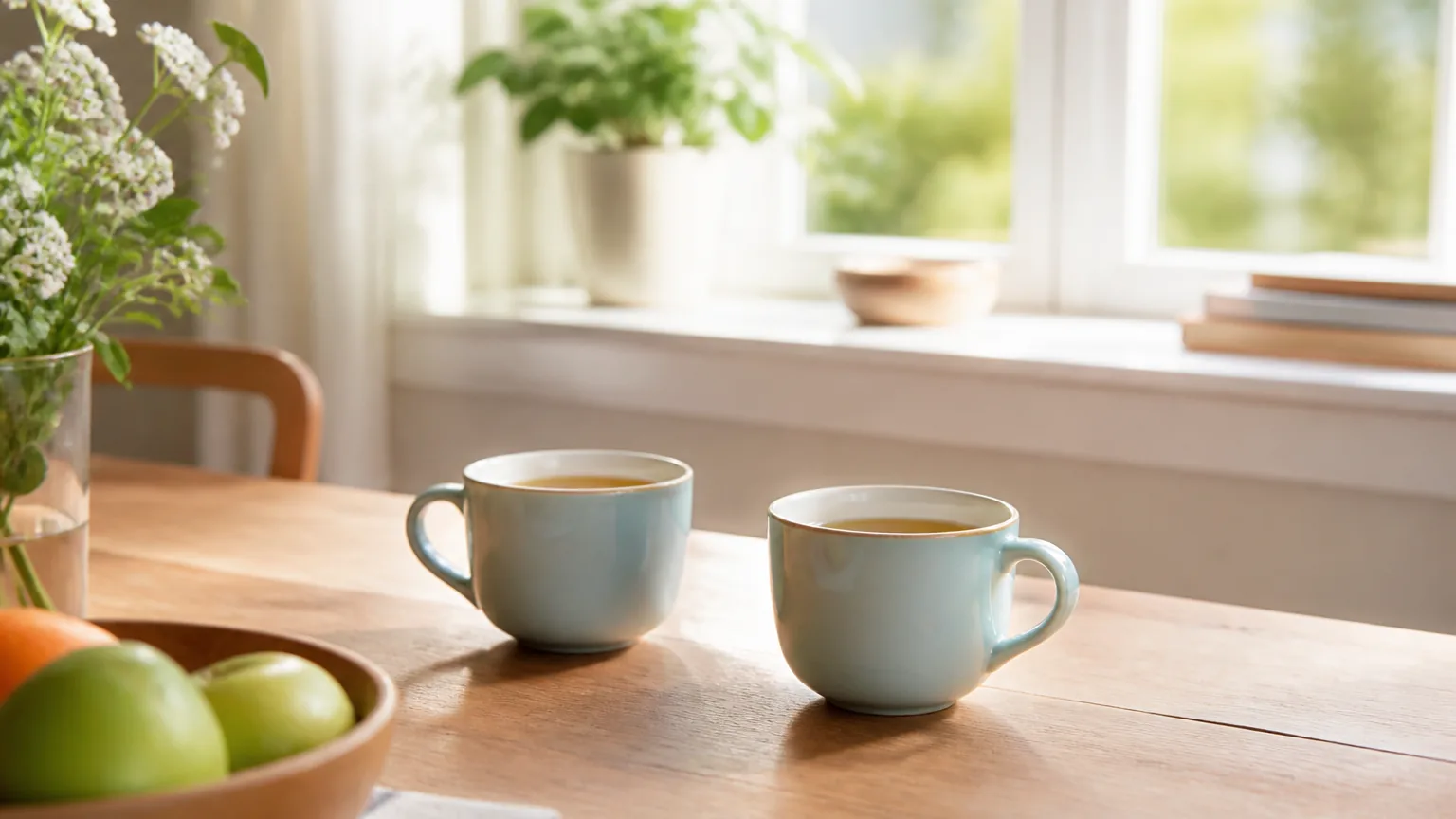 Two mugs of tea on a kitchen table by a sunny window.