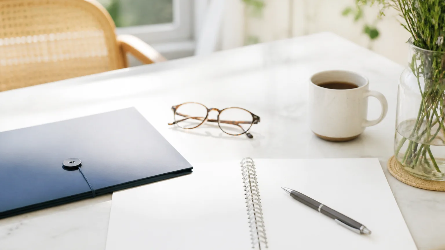 An open notebook, a pen, a folder, and reading glasses on a bright table, set for care planning.
