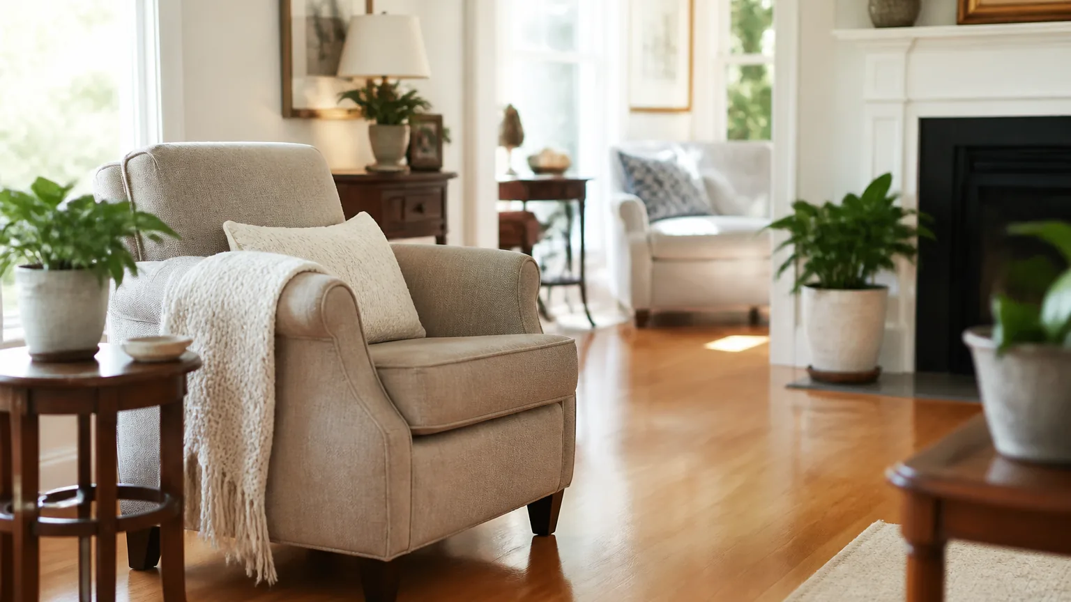 A warm, comfortable living room in an older adult's own home, with a cozy armchair and clear, open floor.