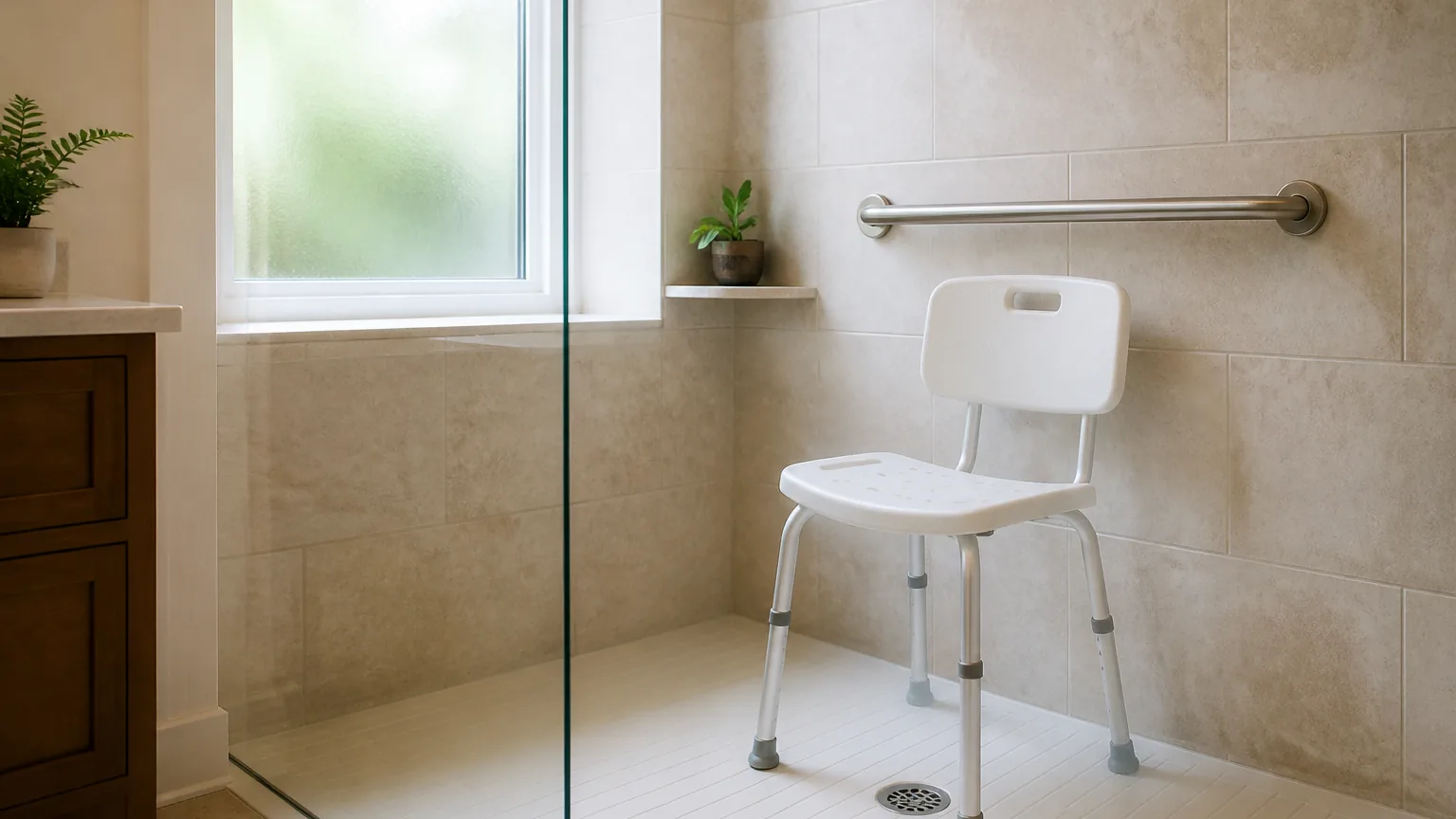 A walk-in shower with a wall-mounted grab bar and a white shower chair with adjustable legs.