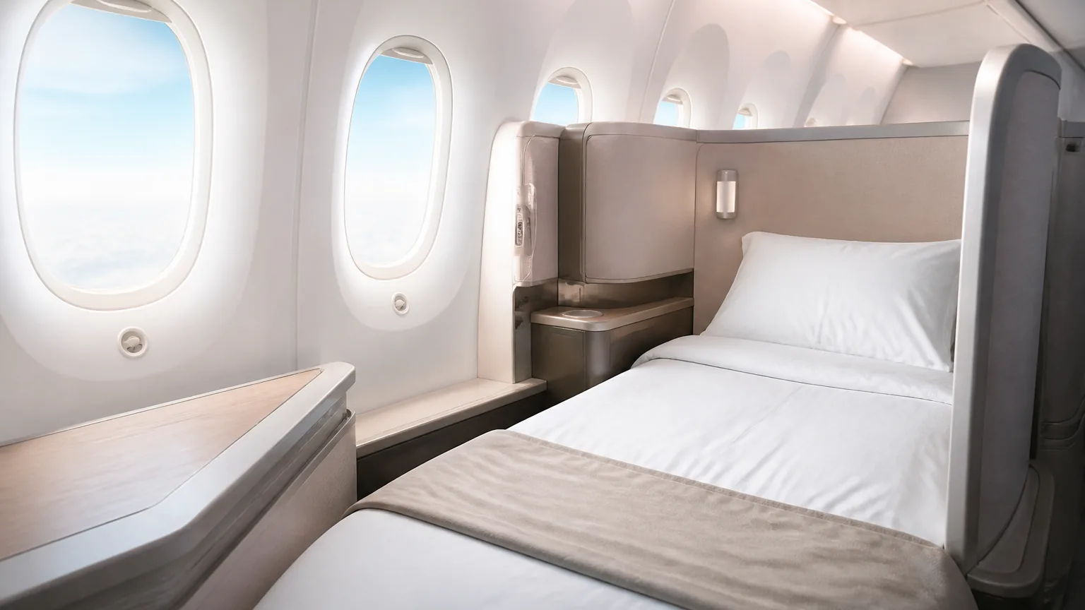 An elegant business-class airline cabin with a flat-bed seat made up for sleep.