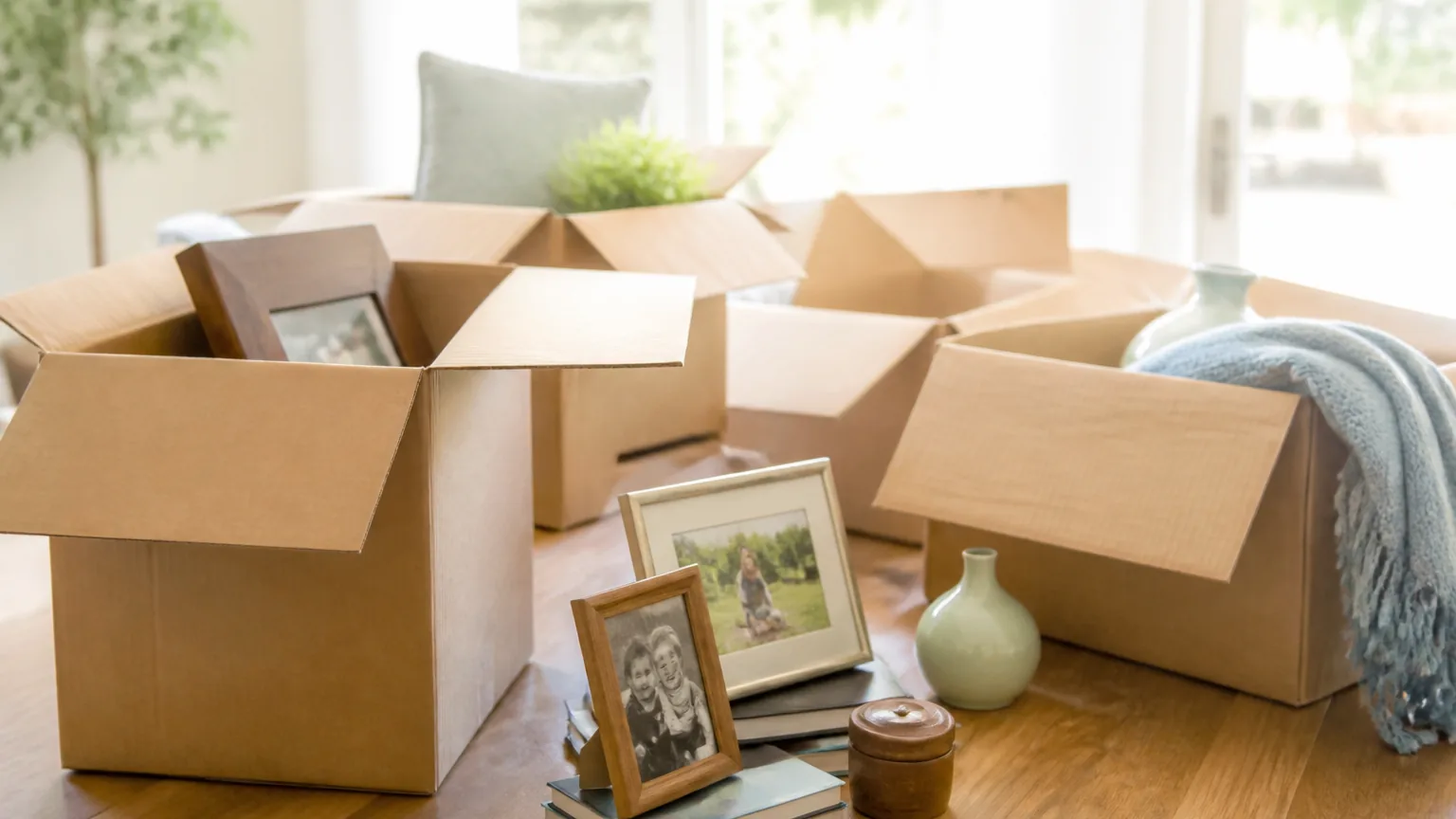 Open moving boxes with framed photographs and keepsakes on a table in a sunlit room.
