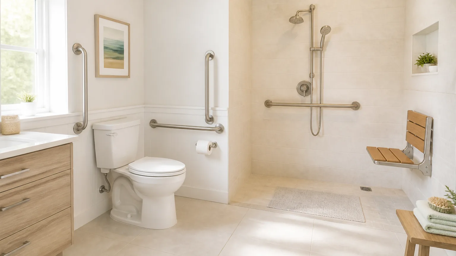 A bright bathroom made safe with grab bars by the toilet and a curbless walk-in shower with a fold-down seat.