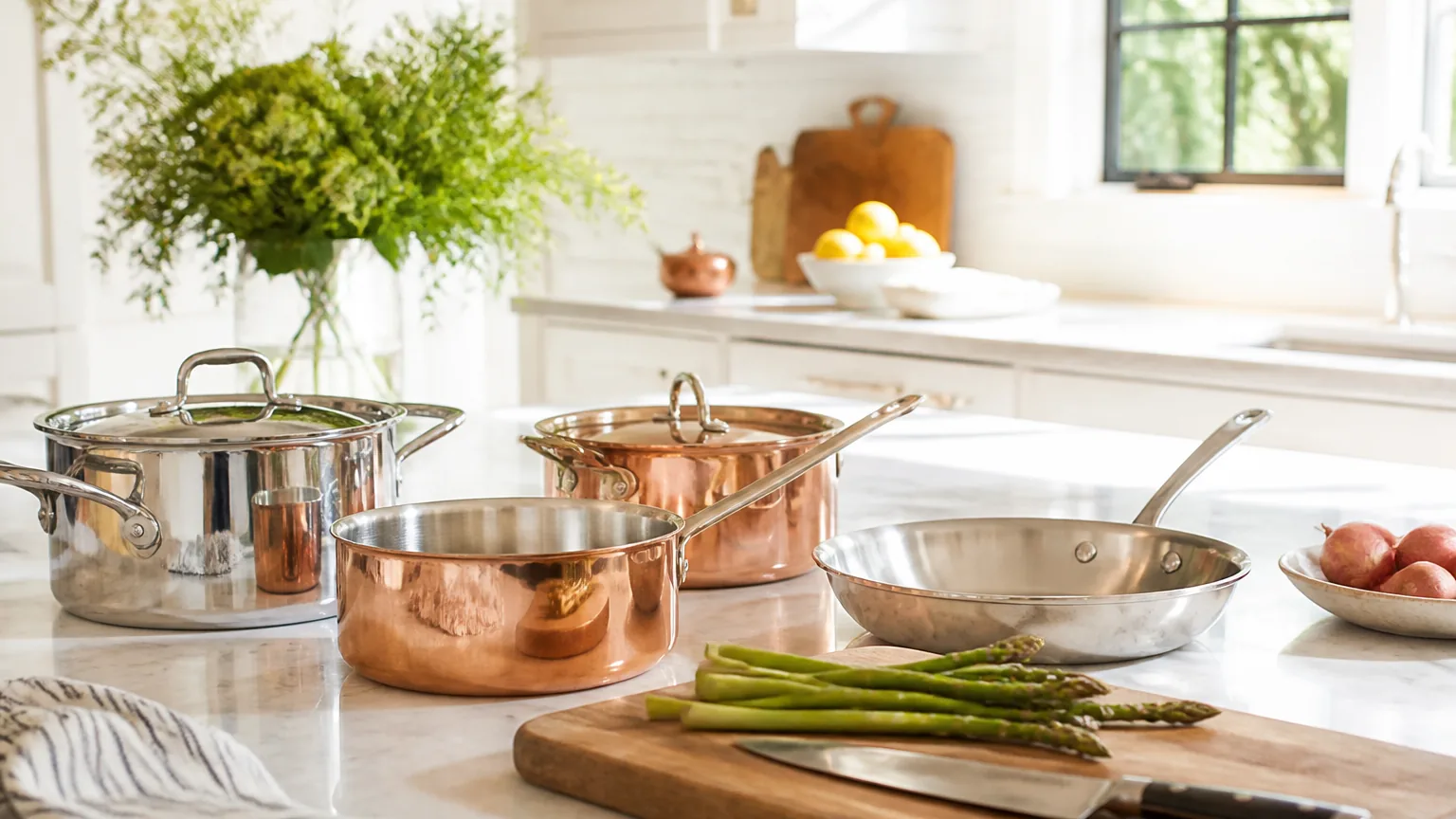 Premium stainless and copper cookware and quality knives on a bright marble kitchen counter.