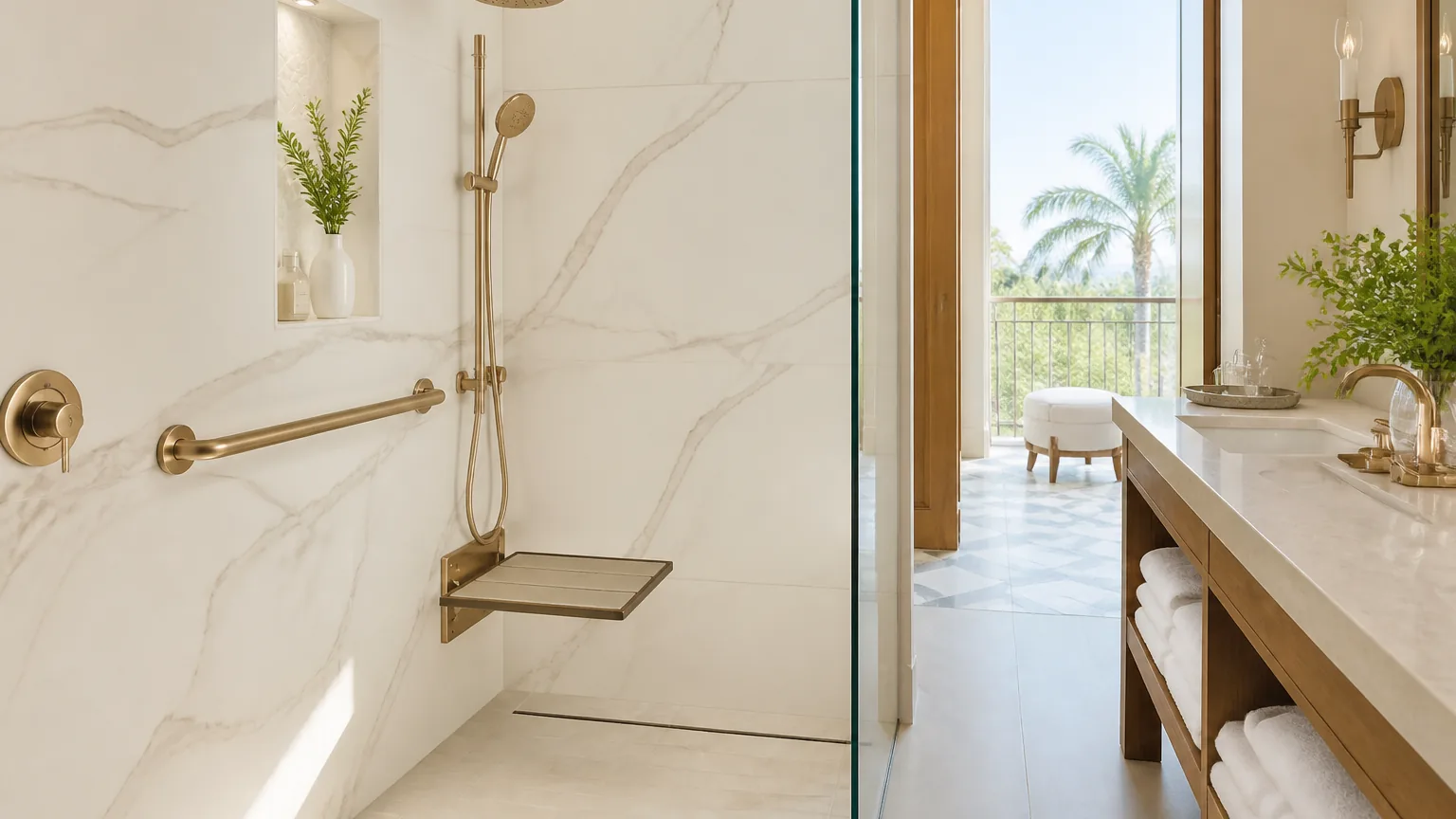 An elegant hotel bathroom with a walk-in shower, a fold-down seat, and a discreet grab bar that reads as design.