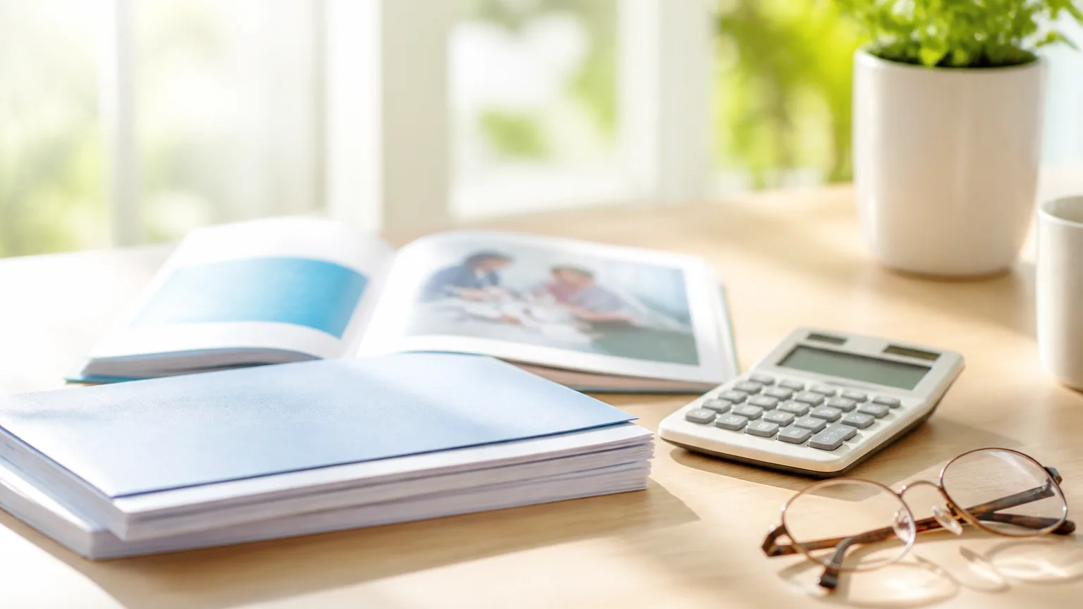 Health insurance paperwork, an enrollment booklet, a calculator, and reading glasses on a sunlit desk.