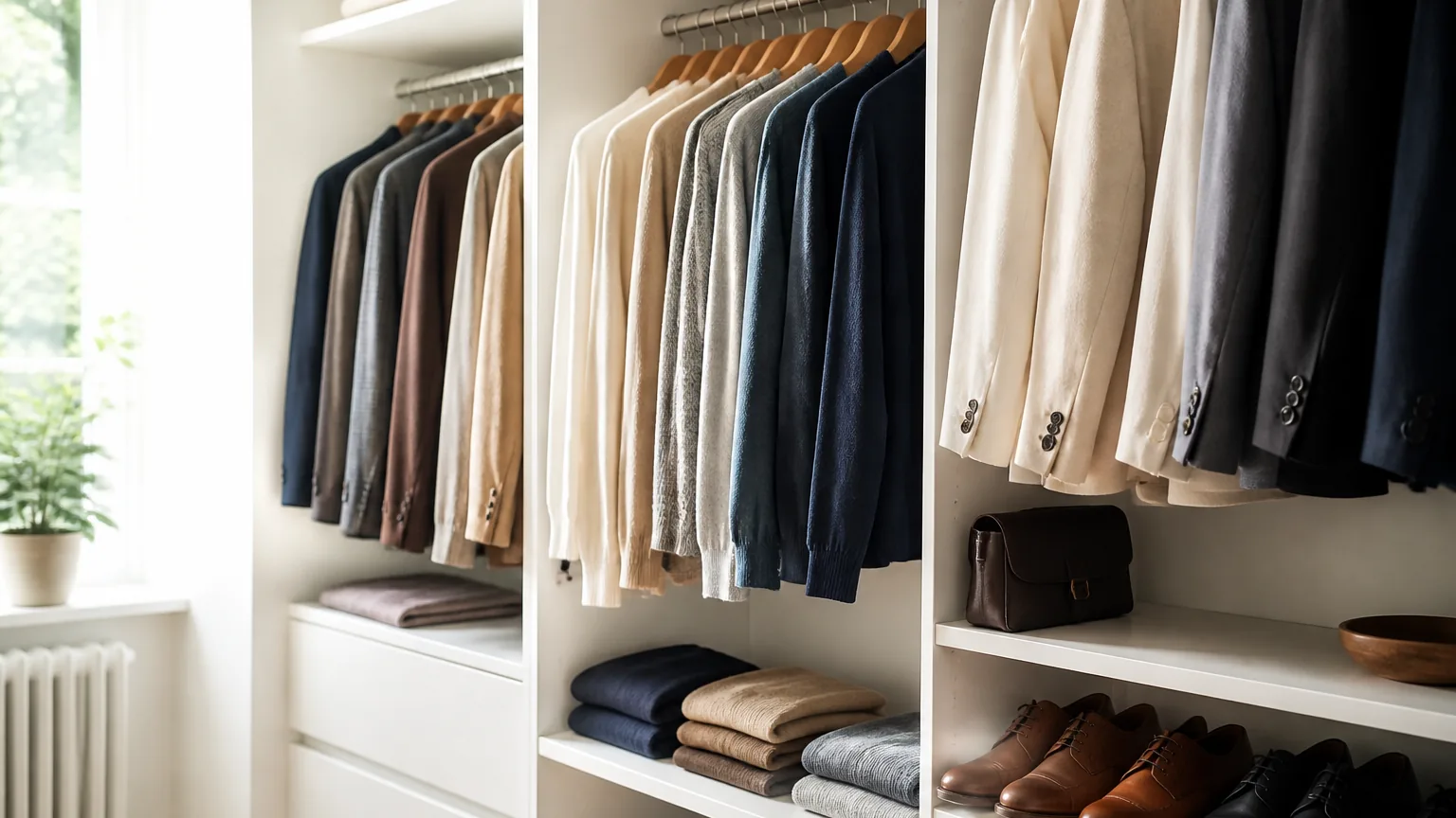 A neatly organized wardrobe of quality classic clothing: tailored jackets, fine knitwear, and good shoes.