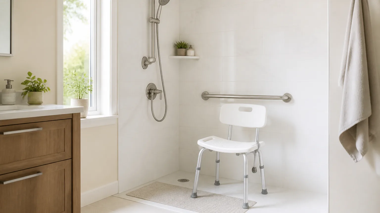 A bright accessible bathroom with a shower chair inside a walk-in shower, a handheld showerhead on a slider bar, and a stainless grab bar on the wall.