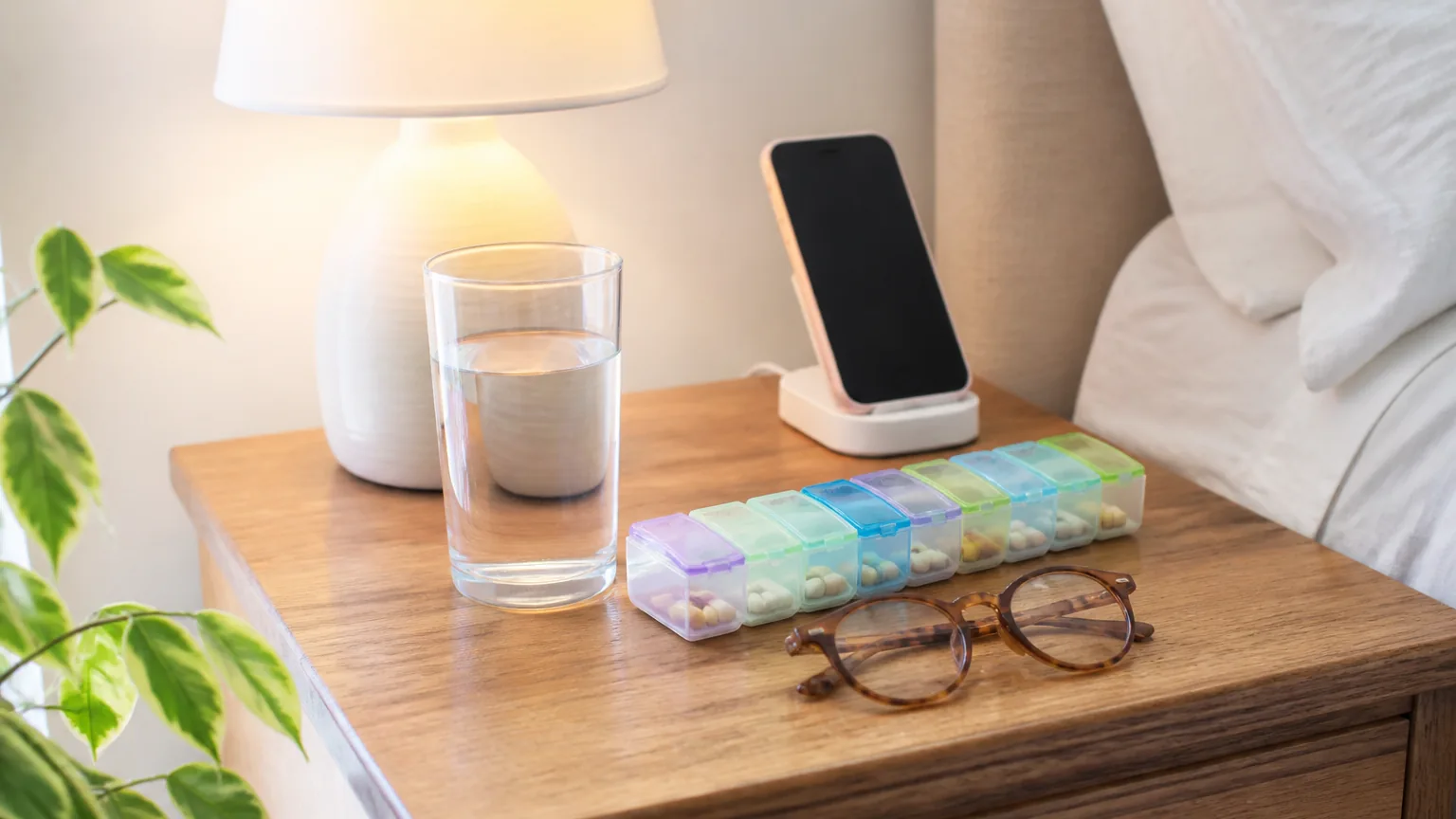 A bedside recovery station within arm's reach on a nightstand: a glass of water, a weekly pill organizer, a phone on a charger, reading glasses, and a small lamp.