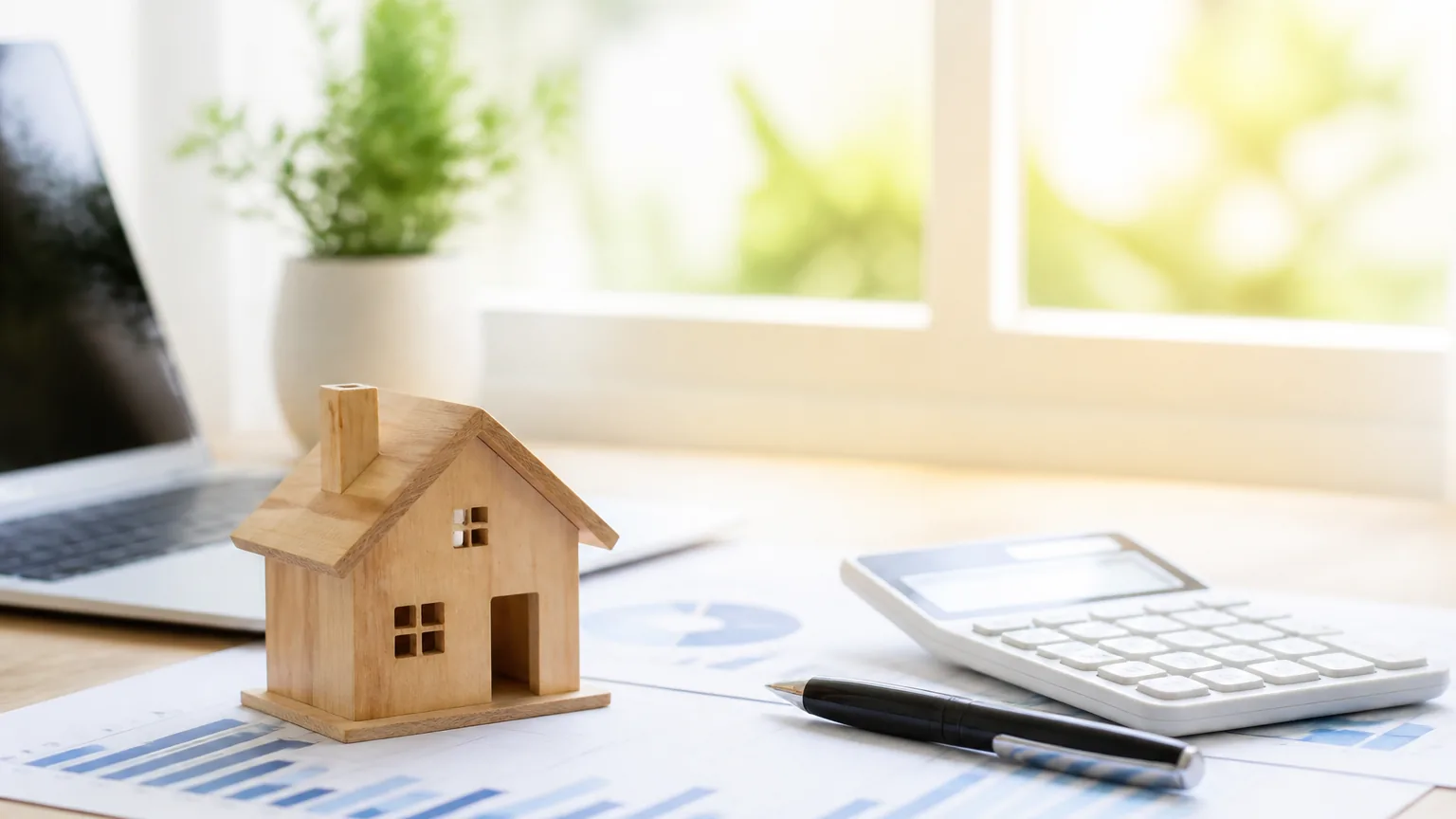 A wooden model house beside financial documents, a calculator, and a pen on a sunlit desk.