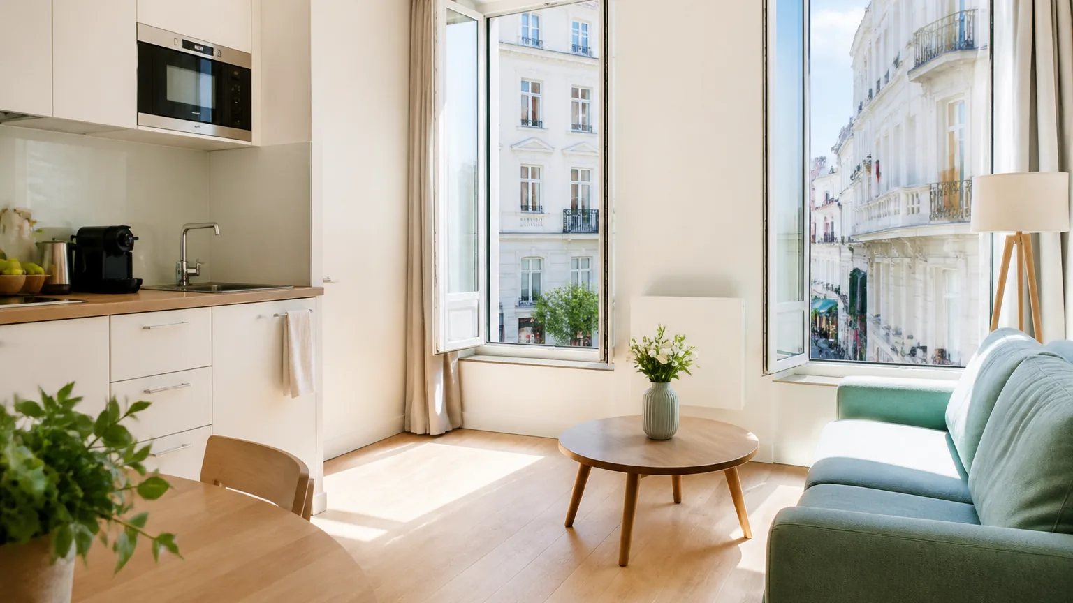A bright serviced apartment with a small kitchen, a sitting area, and large windows onto a European street.