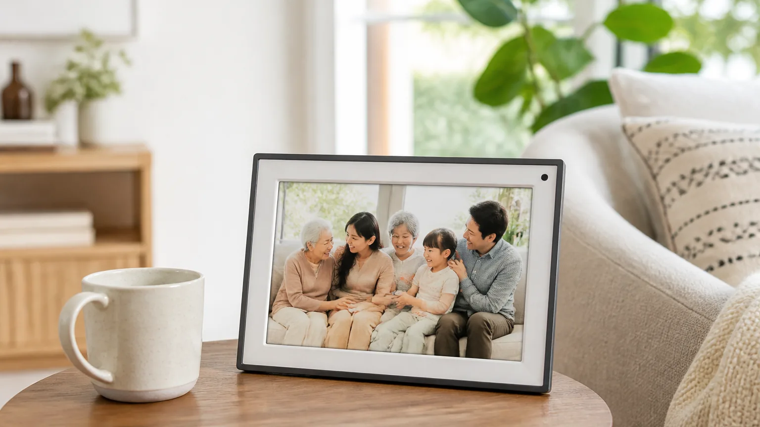 A digital photo frame on a side table showing a family snapshot, beside a mug in a cozy room.