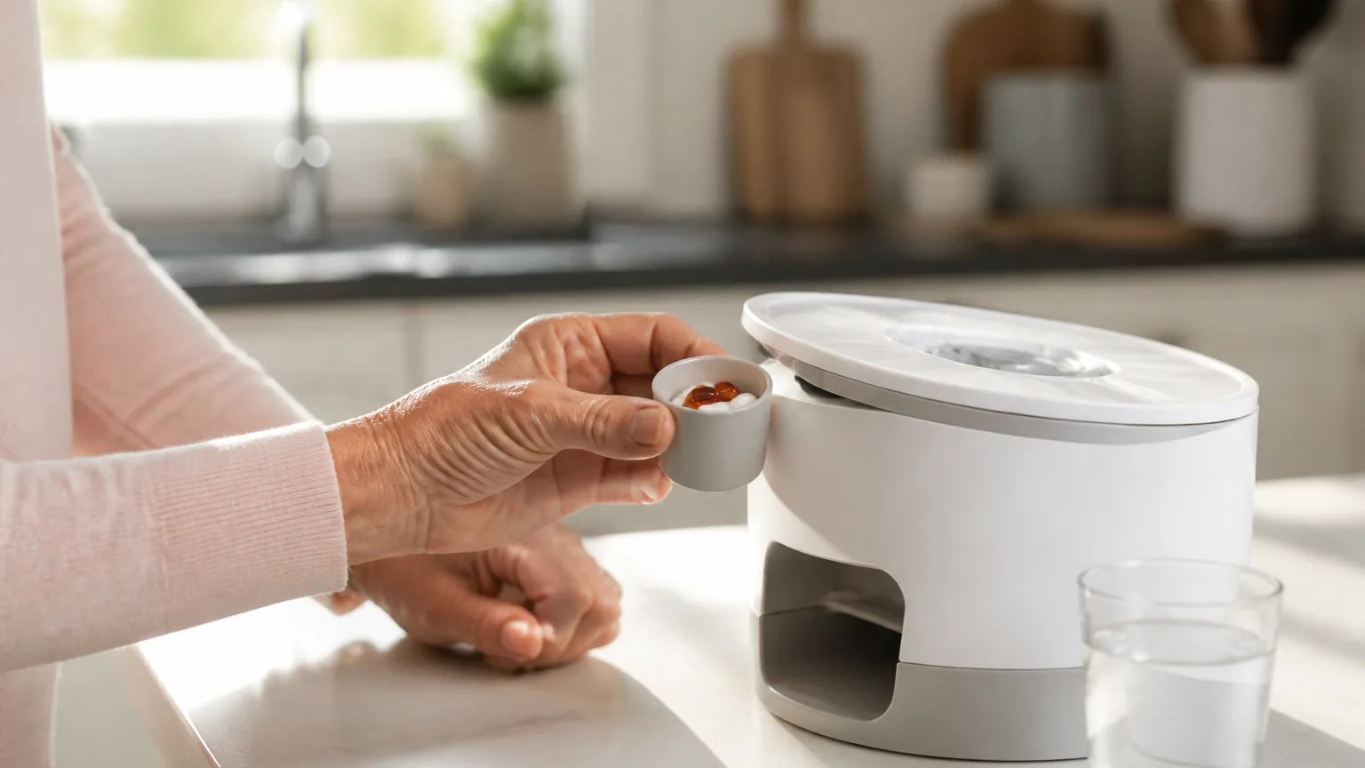 An older adult's hand lifting a small dose cup from an automatic pill dispenser on a kitchen counter.