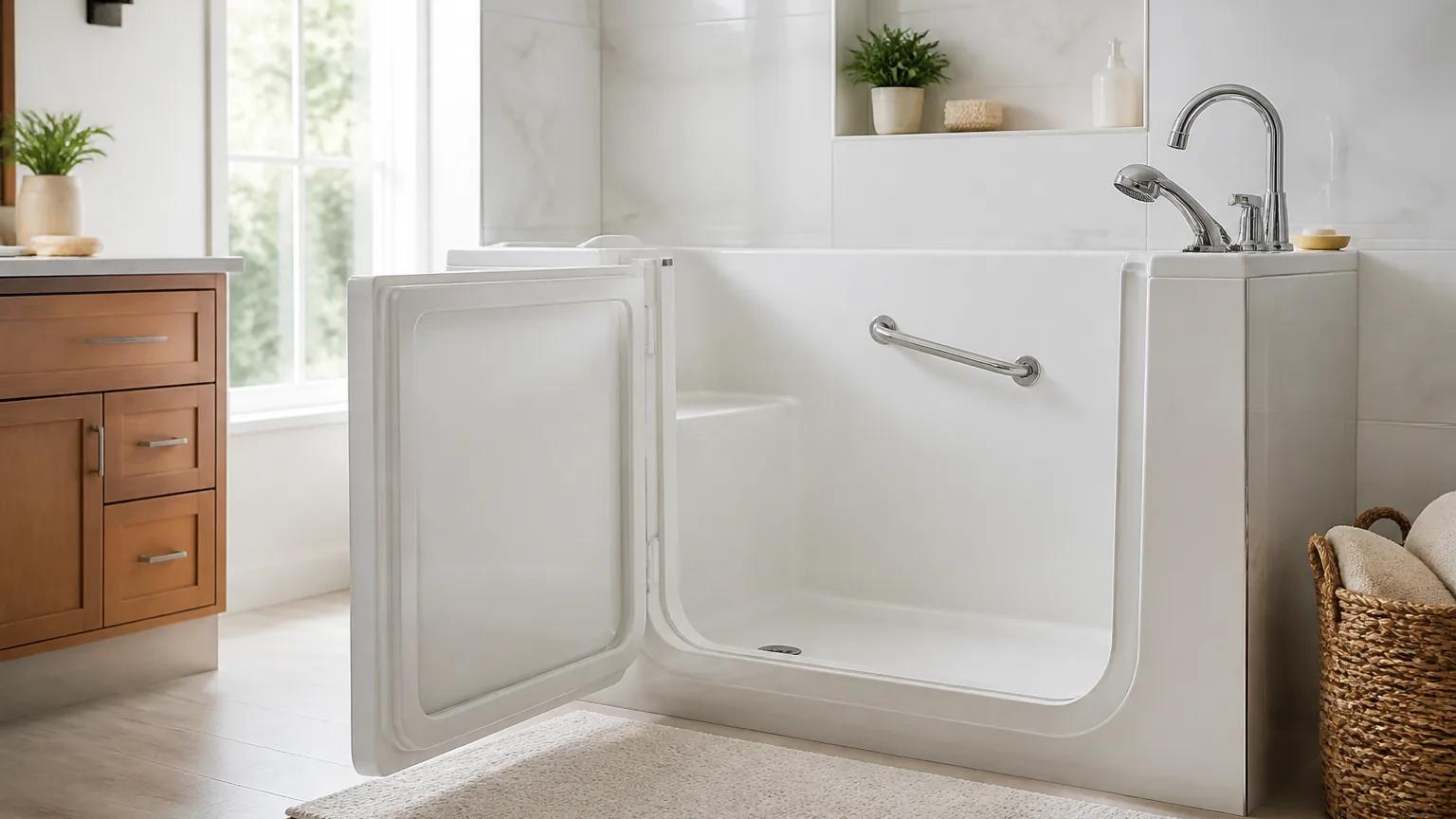 A white walk-in tub with its low inward door open, showing the low threshold, an inward grab bar, and a built-in seat.