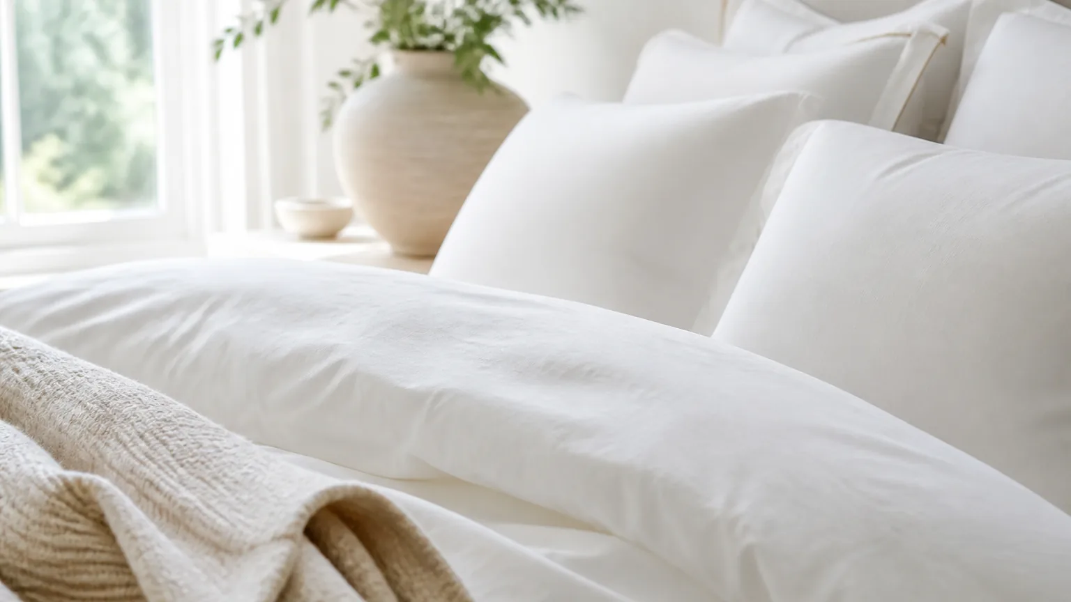 A close view of layered premium white bedding with plump pillows in soft morning light.