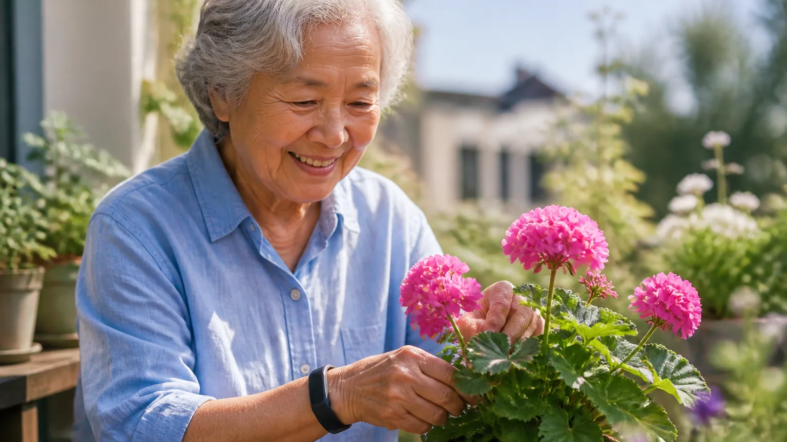 A woman in her seventies tends flowers in a sunny garden, wearing a slim watch-style medical alert band on her wrist.