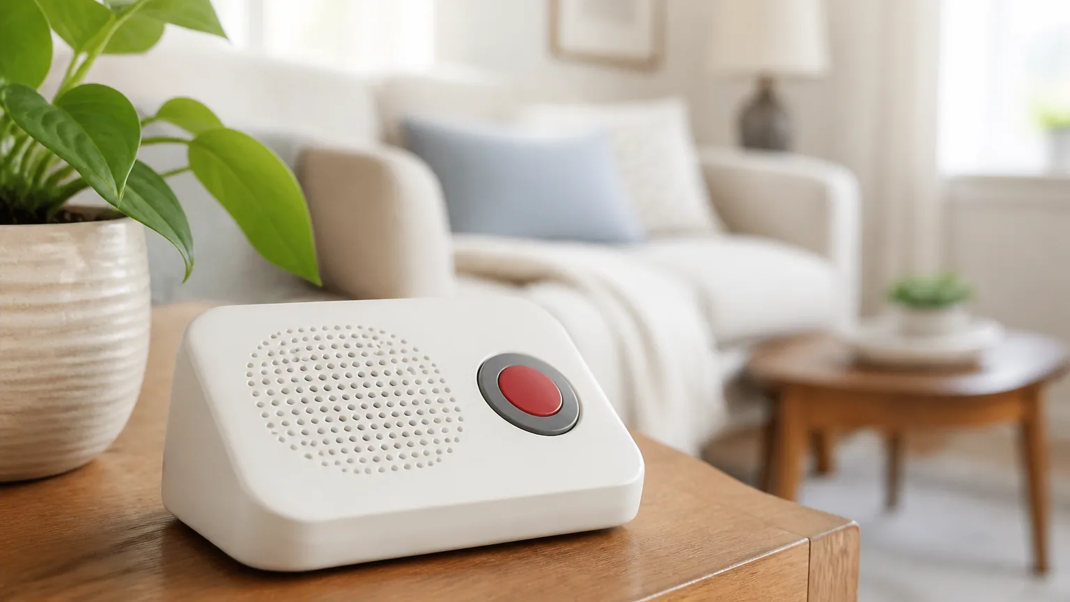 A simple in-home medical alert base station with a large call button and speaker on a side table in a bright living room.
