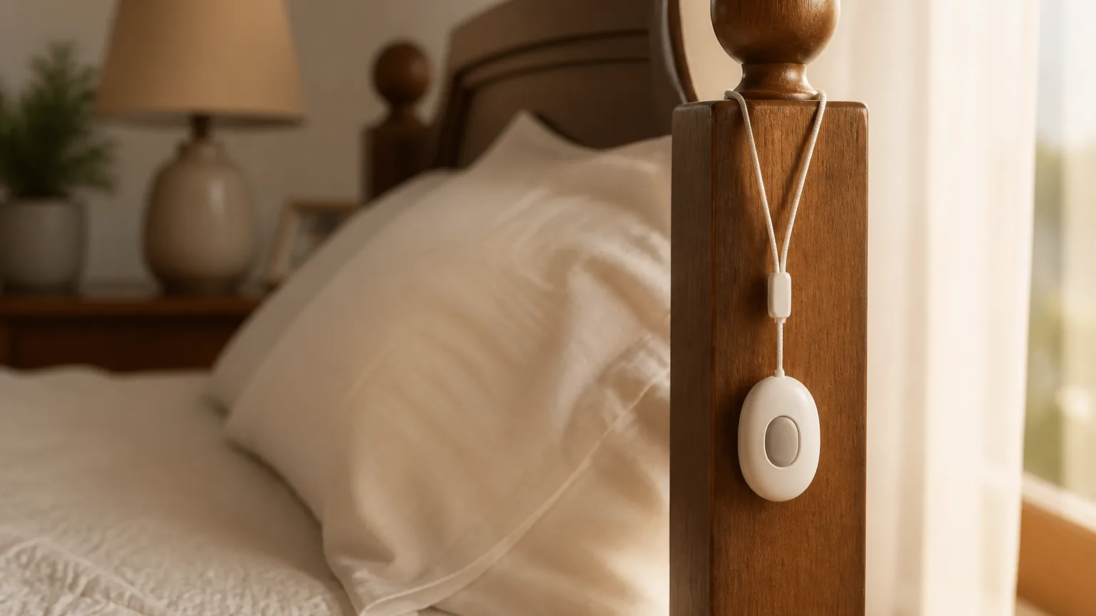 A lightweight medical alert pendant on a breakaway cord hung on a wooden bedpost, within reach of the bed.