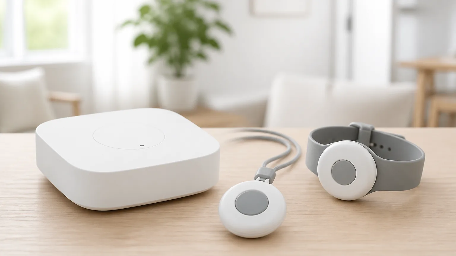 A medical alert system: a base station with a wearable help-button pendant and a wristband button on a table.