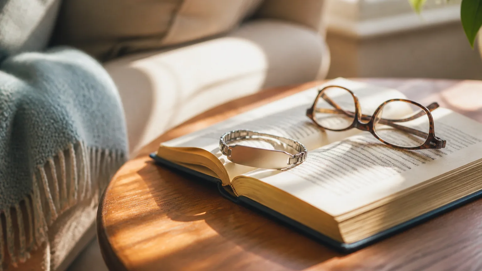 A slim wearable medical alert band resting on an open book beside reading glasses on a sunlit side table by an armchair.