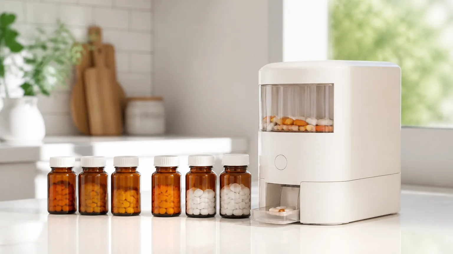 An automatic countertop pill dispenser beside a row of organized medicine bottles.