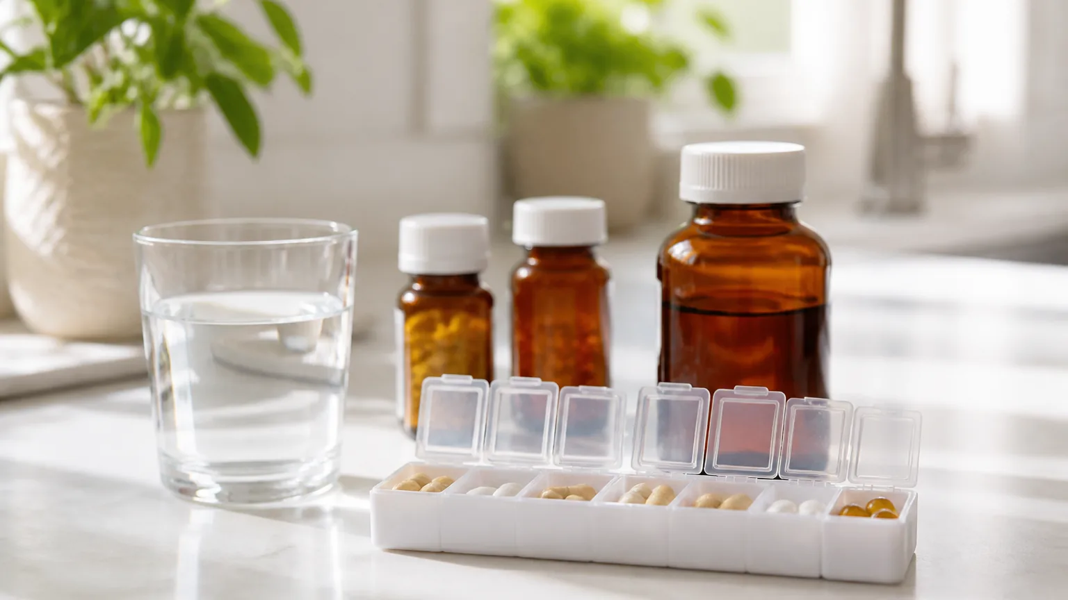 A weekly seven-day pill organizer beside amber medicine bottles and a glass of water.