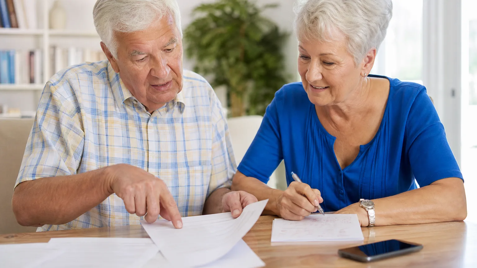 An older couple reviews printed papers together at a dining table, one pointing at a page while the other takes notes.