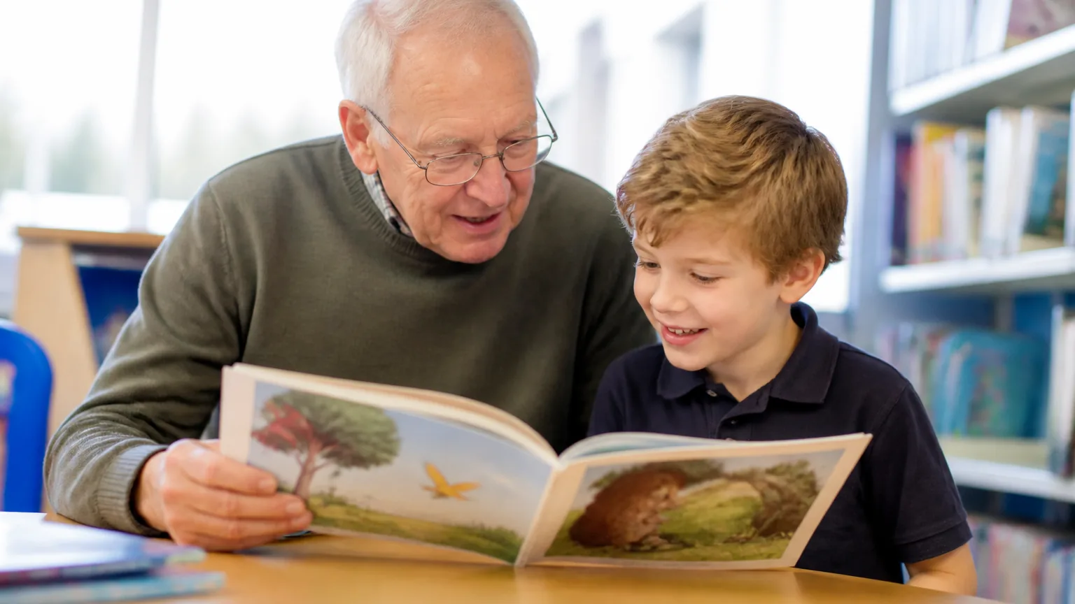 An older man volunteers in a school library, reading a picture book with a young boy.