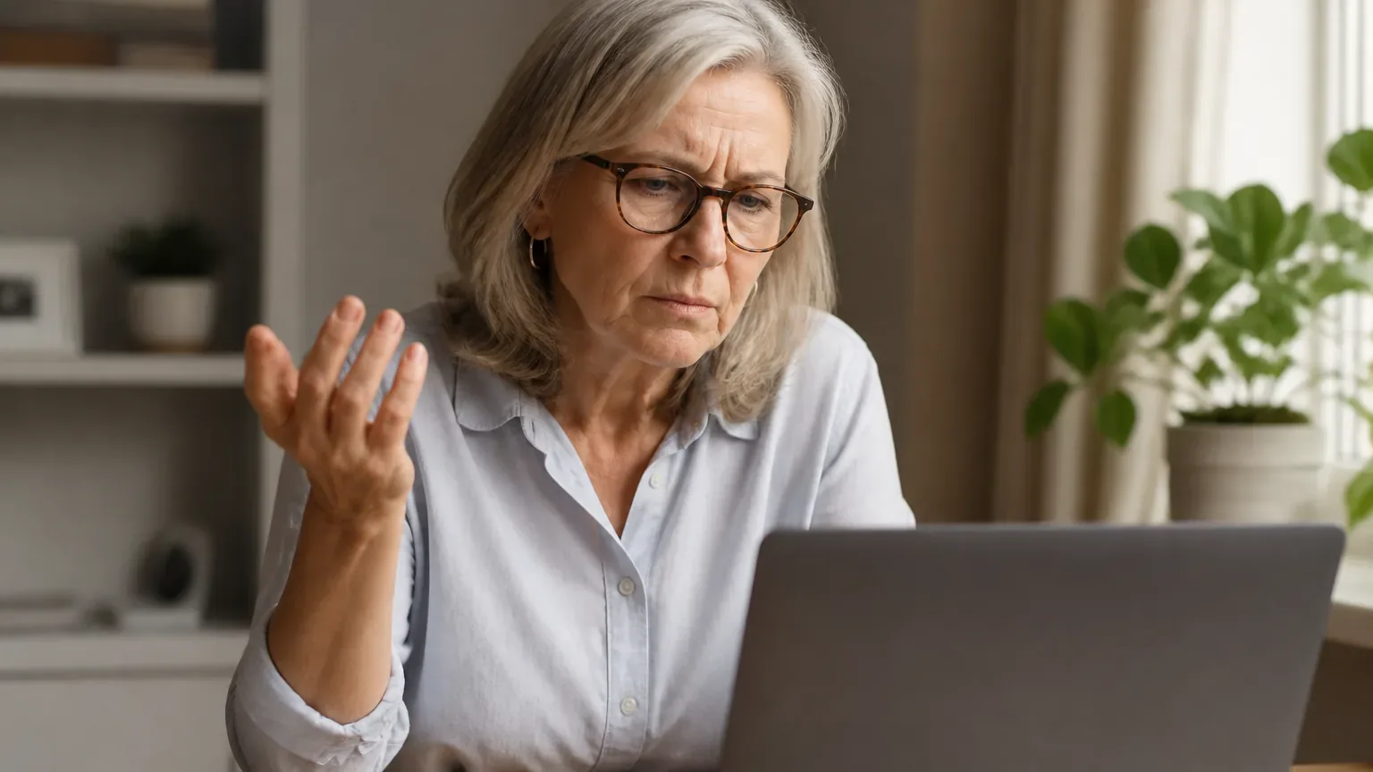An older woman in glasses frowns at her laptop, one hand raised, as if questioning a suspicious email.
