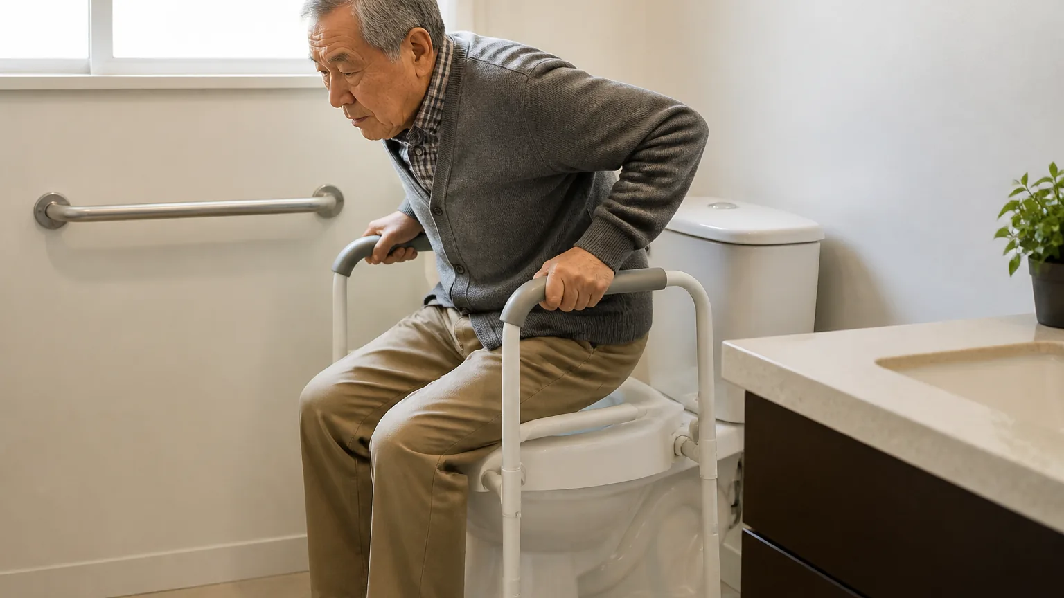 An older man pushing up on the padded arms of a raised toilet seat to stand in a bright bathroom.