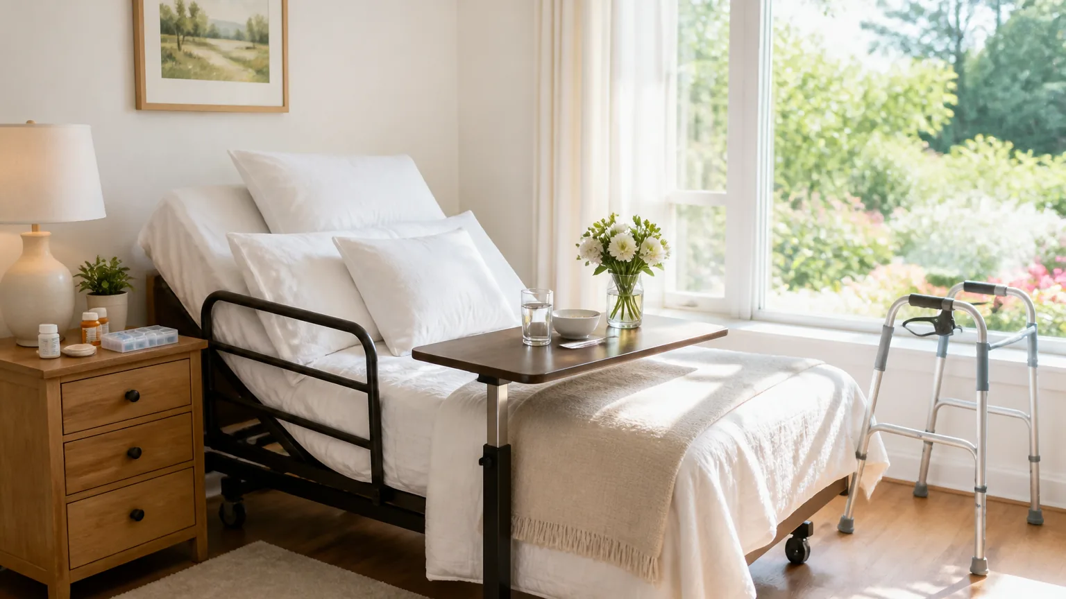 A sunlit bedroom prepared for recovery after surgery, with an adjustable bed raised at the head, a bed safety rail, an overbed rolling table, bedside medications, and a folding walker by the window.