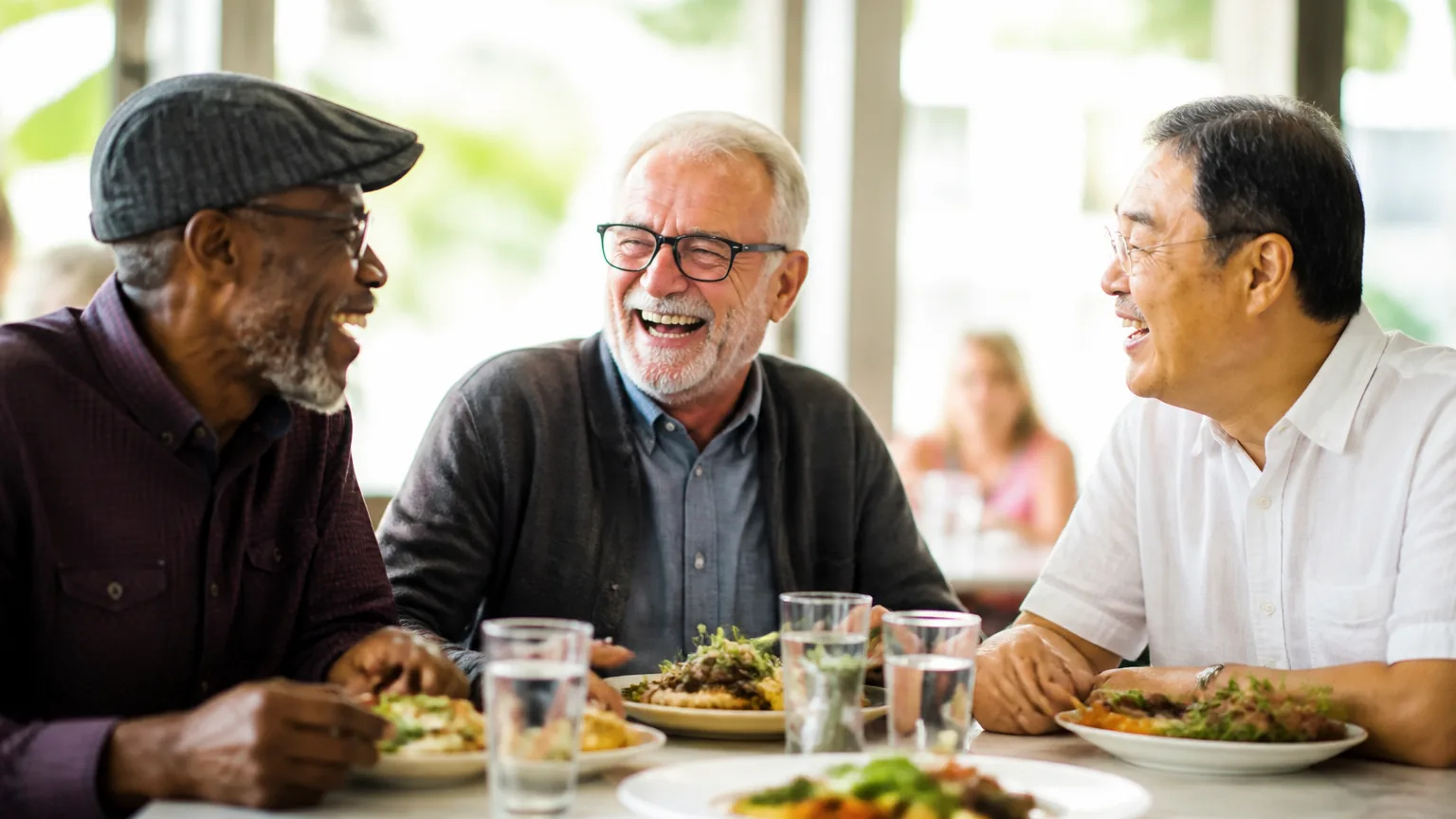 Three retired friends laugh together over lunch at a bright cafe table.