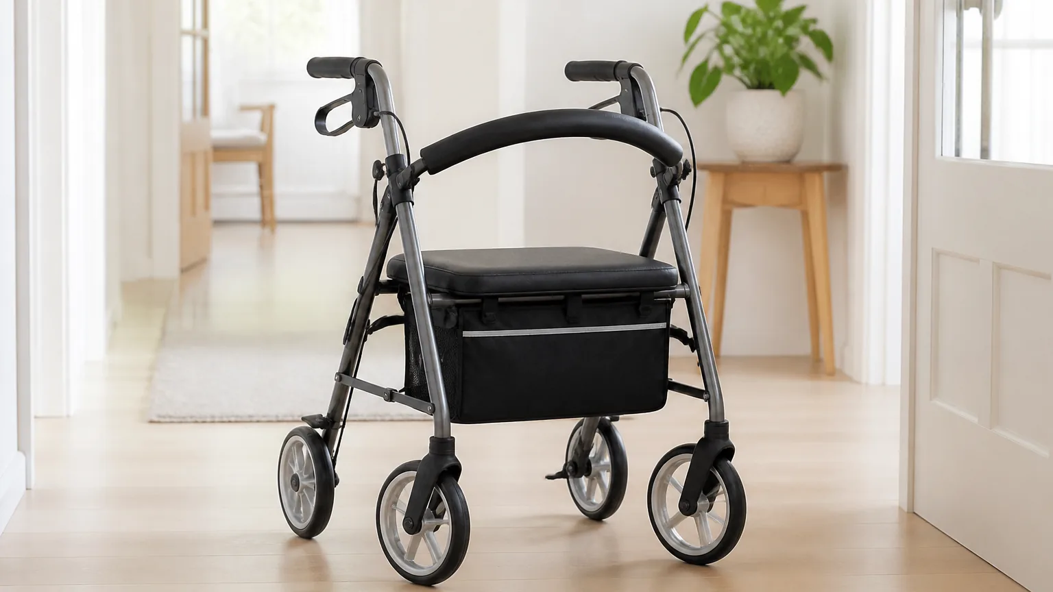 A modern four-wheeled rollator walker with a seat and hand brakes standing in a bright home hallway.