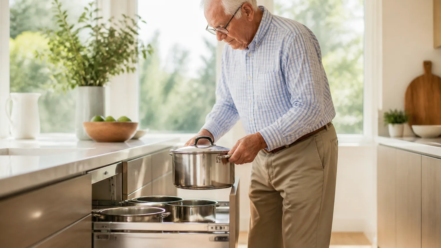 An older man lifts a covered pot from a fully extended pull-out cabinet shelf without bending down, in a bright, airy kitchen.
