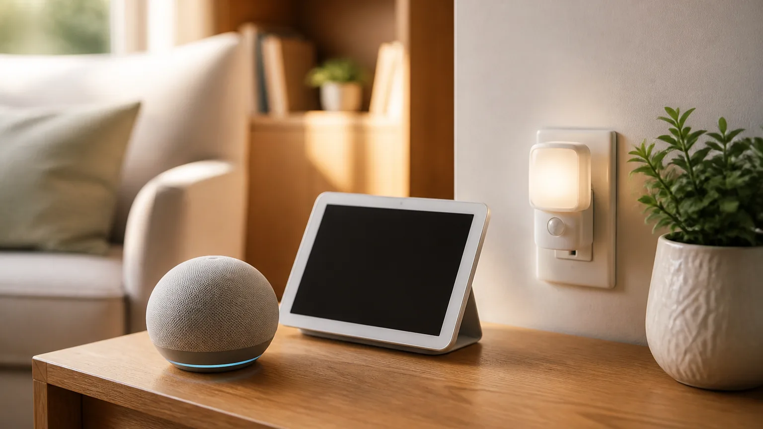 A smart speaker, a tablet on a stand, and a plug-in motion night light arranged on a wood table in a bright living room.