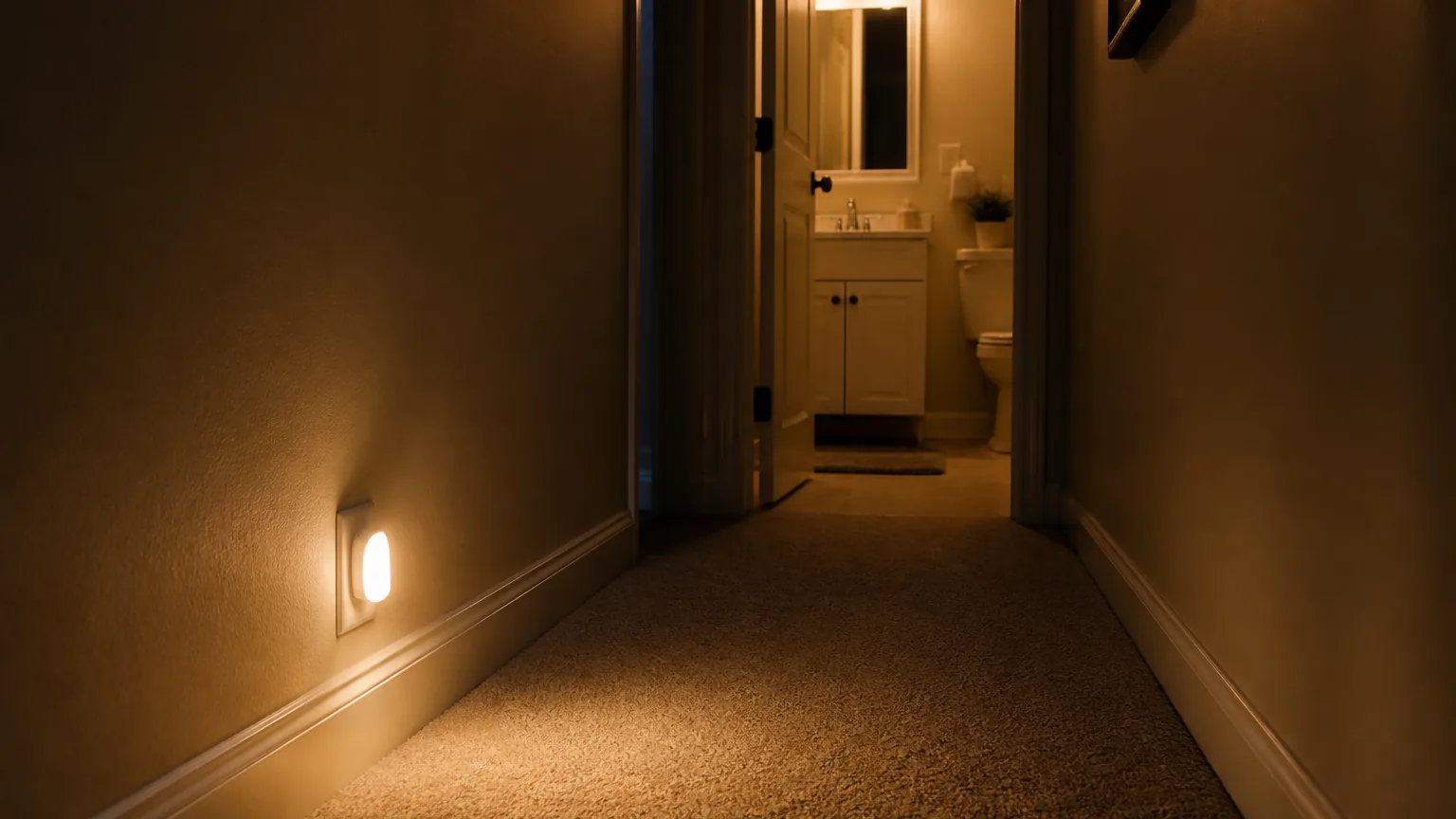 A dim home hallway at night, lit by a small plug-in motion night light glowing near the floor, leading to an open bathroom door.