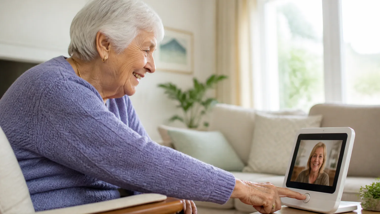 An older woman smiling and tapping a video-call device screen to answer a call from a family member.