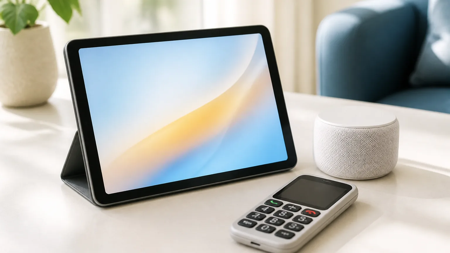 A tablet on a stand, a large-button phone, and a small smart speaker on a table.