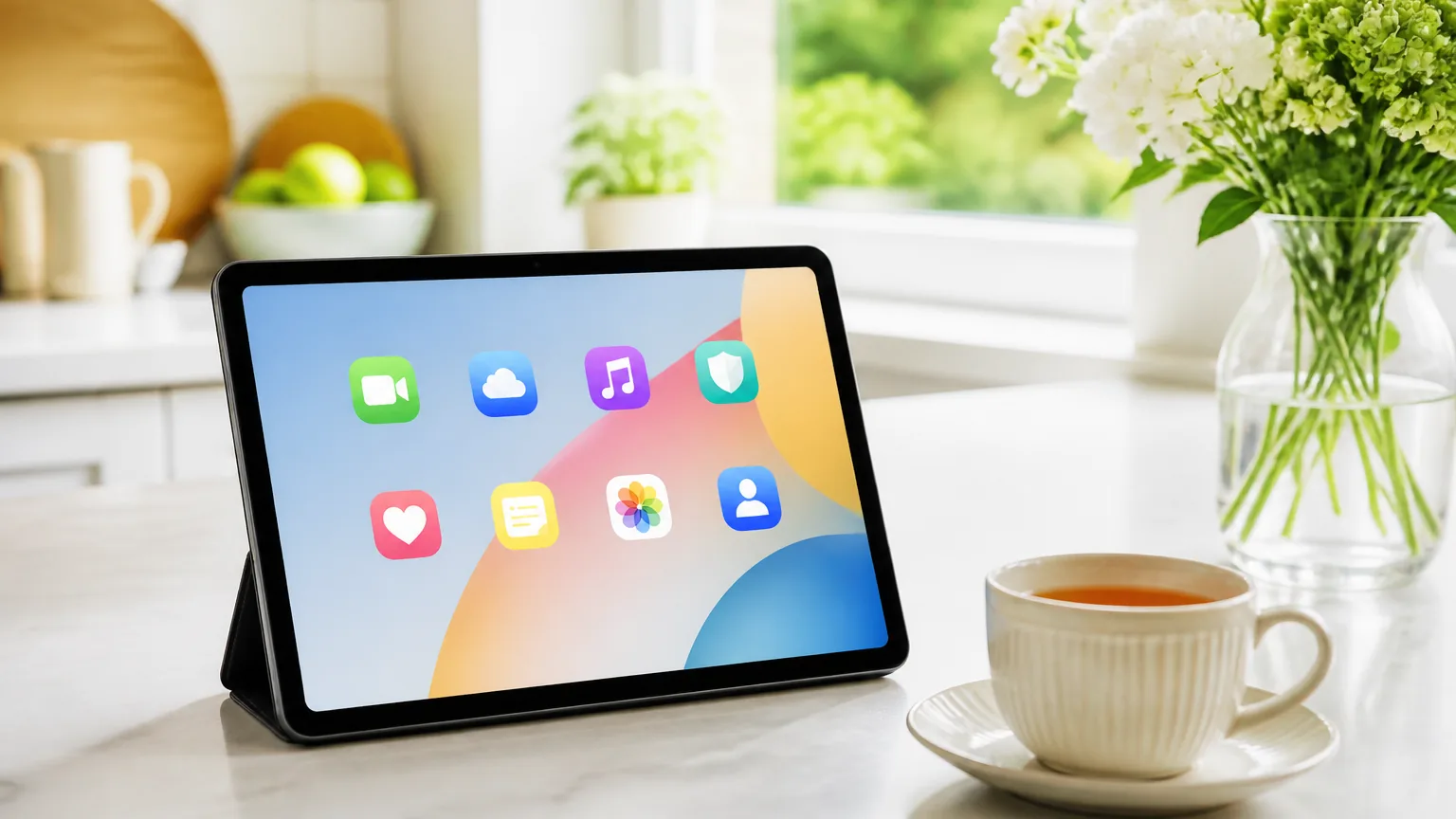 A tablet on a stand showing a simple home screen with a few large app icons, beside a cup of tea.