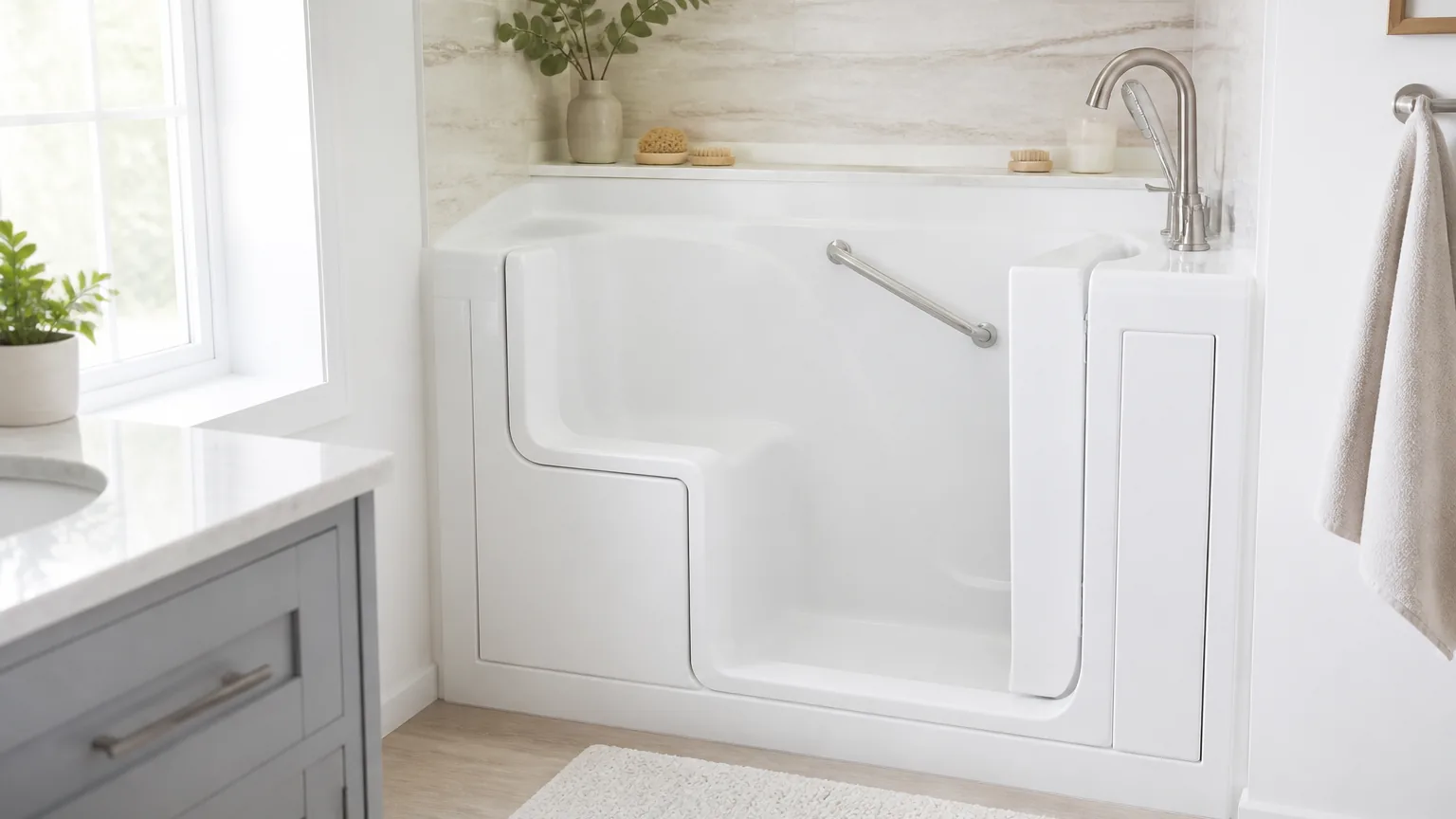 A clean, bright bathroom with a white walk-in tub that has a low step-in door and a built-in seat.